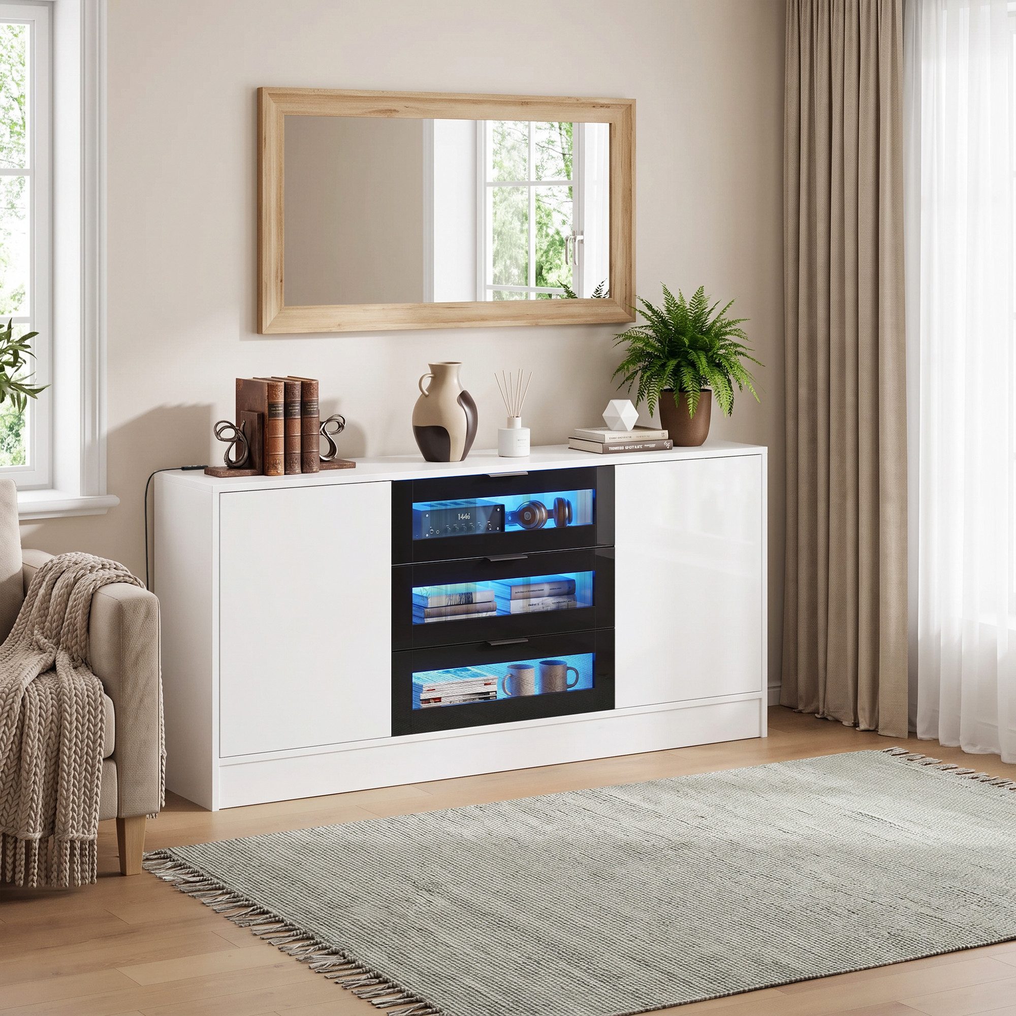 OYRREU Sideboard moderner Mehrzweckschrank mit LED-Vitrine, weiß, OTTO’S CHOICE (Schrank, Set, Wohnzimmer, Esszimmer, Büro, 2 Türen, 3 Schubladen, 150 x 35 x 80 cm), Aufbewahrungsschrank