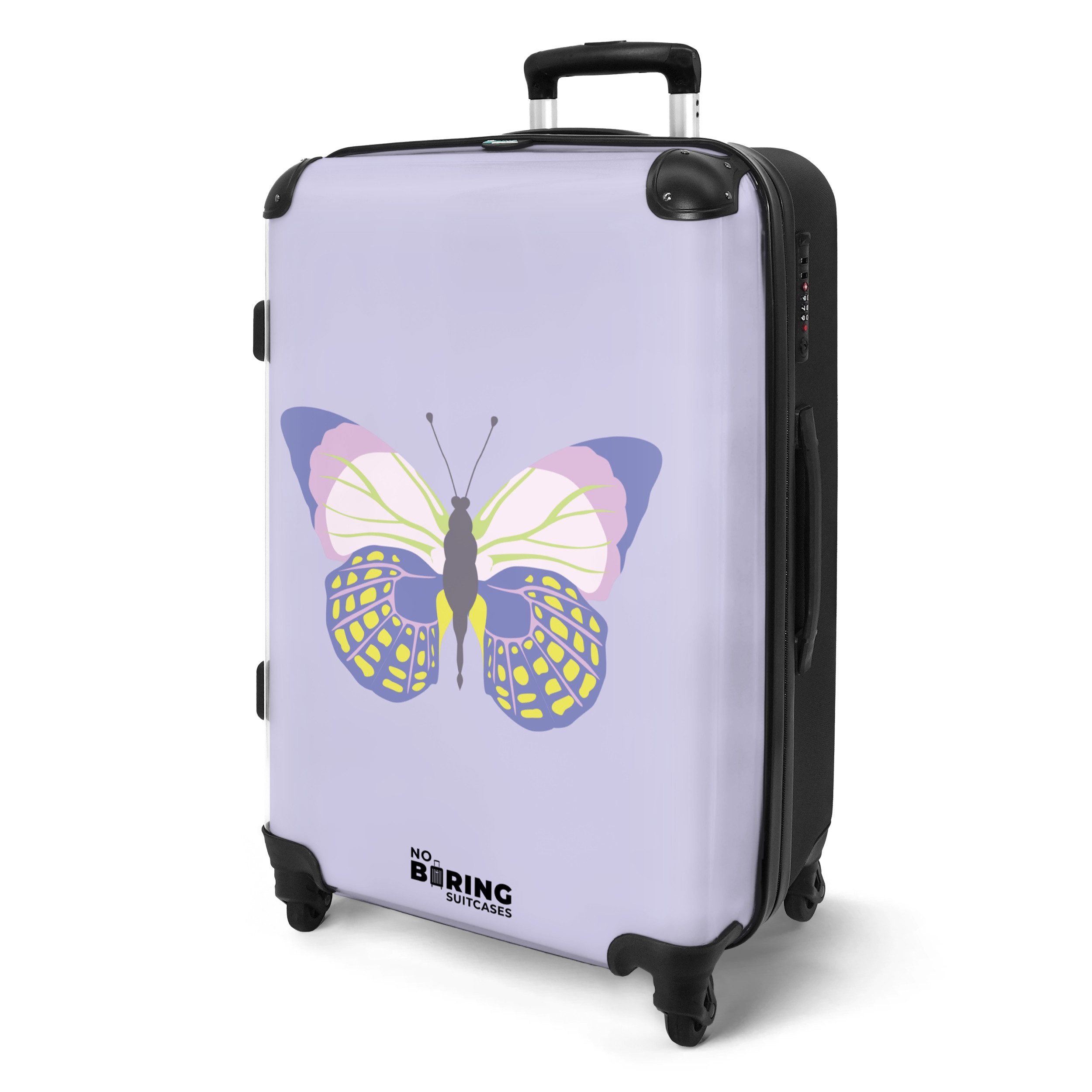 NoBoringSuitcases.com© Hartschalen-Trolley Lila mit buntem Schmetterling günstig online kaufen
