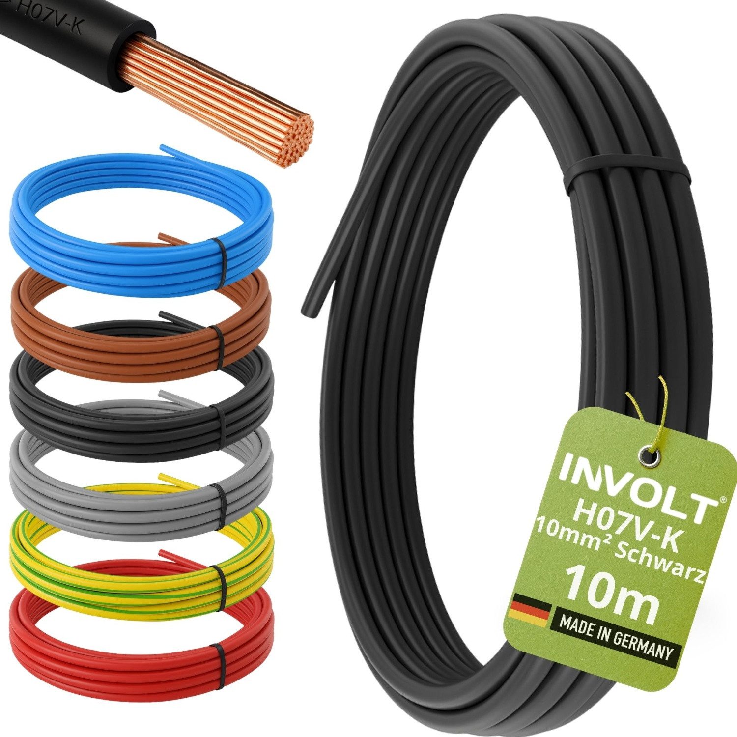 INVOLT H07V-K 6/10mm² 6 Farben Aderleitung, Verdrahtungsleitung (3 - 100 m) Stromkabel, (1000 cm), Made in Germany