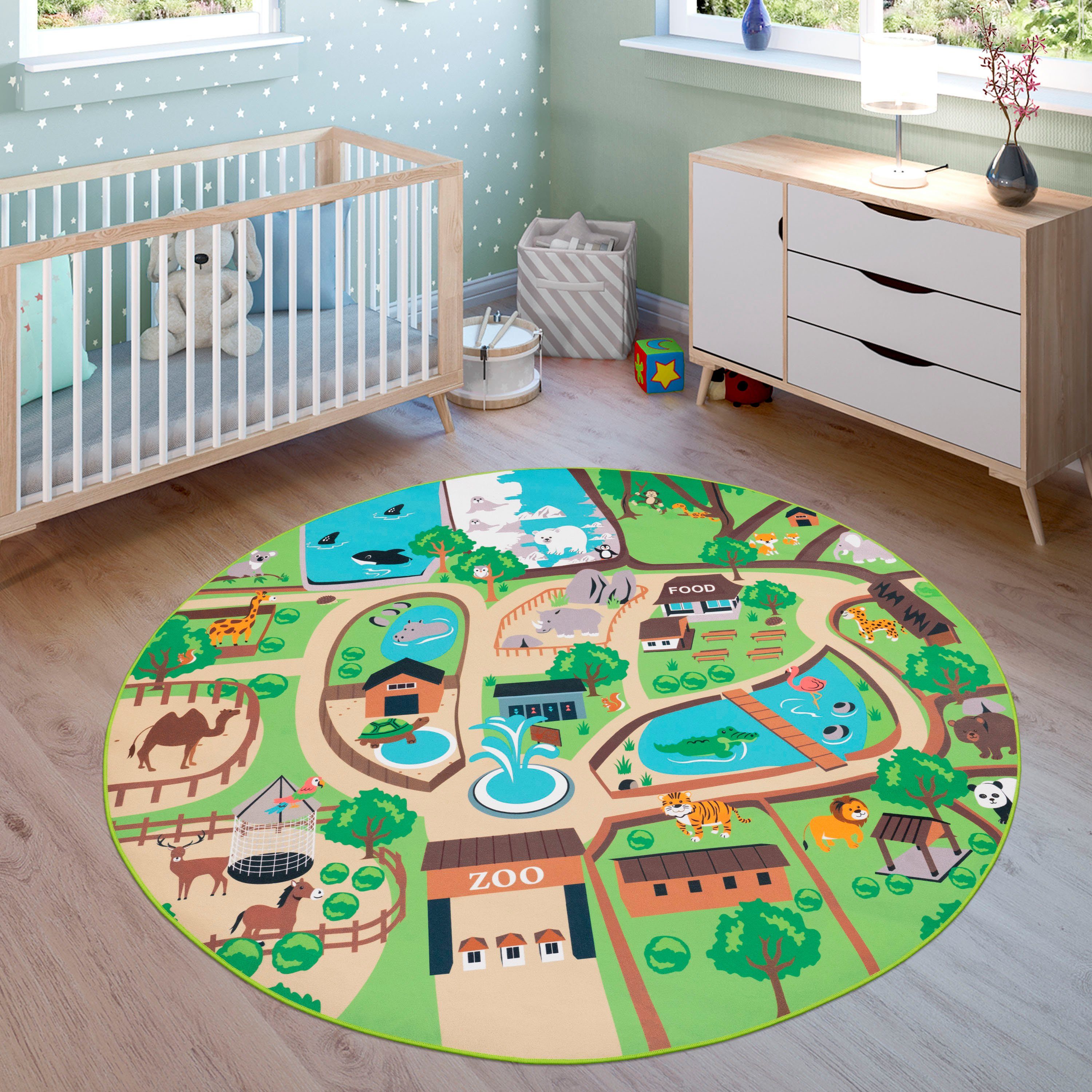 Paco Home Kinderteppich Bino 563, rund, Höhe: 4 mm, Kurzflor, Straßen-Spiel-Teppich, Motiv Zoo, Kinderzimmer