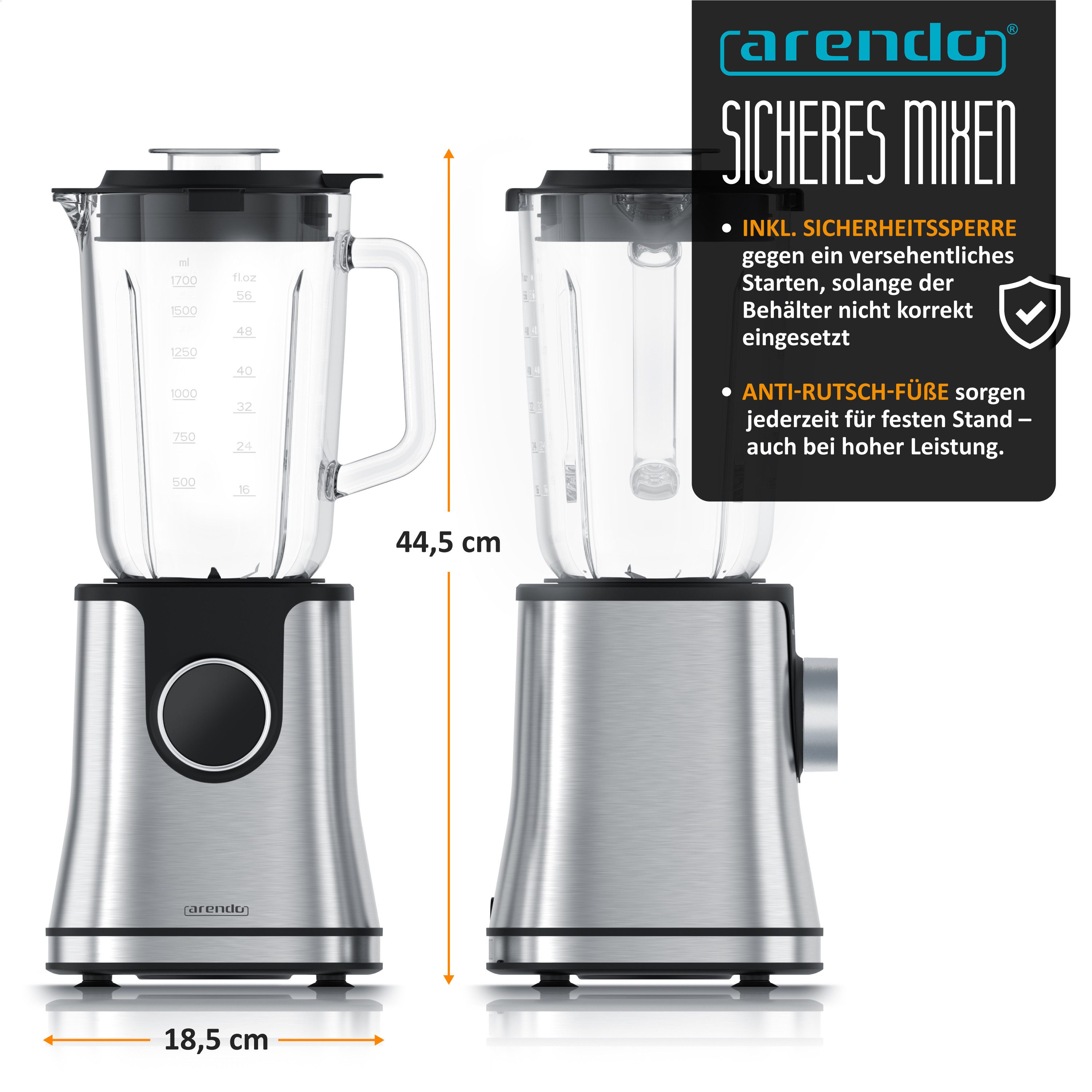 Arendo Standmixer Edelstahl Power Mixer, 1,7l Glasbehälter, Hochleistungsmixer, Blender, 1400 W, Edelstahlmesser, 10 Leistungsstufen, Pulsfunktion, Hochleistungsmixer