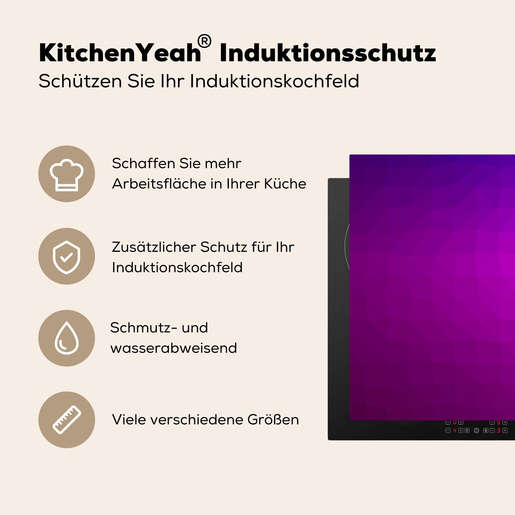 MuchoWow Herdblende-/Abdeckplatte Violette Geometrie als Vinyl, Hintergrund, für Induktionskochfeld Ceranfeldabdeckung die küche, (1 Schutz 81x52 tlg), cm