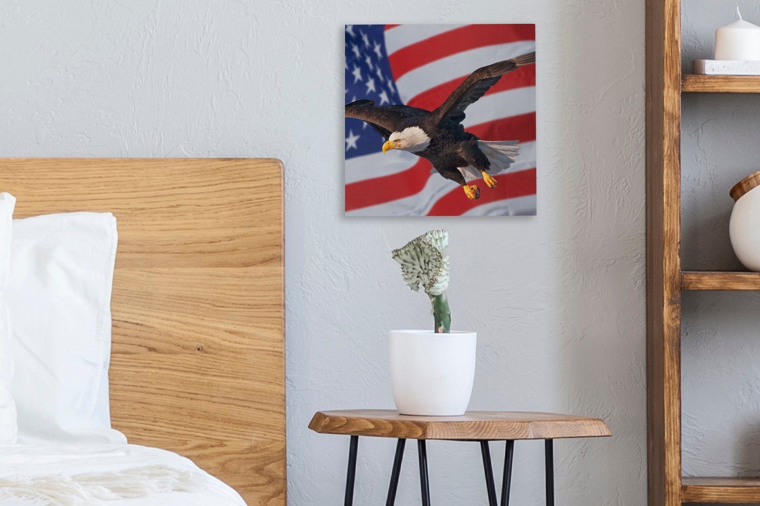 Leinwandbild Amerikanischer vor Wohnzimmer Flagge, OneMillionCanvasses® Leinwand Weißkopfseeadler Schlafzimmer der amerikanischen für St), Bilder (1