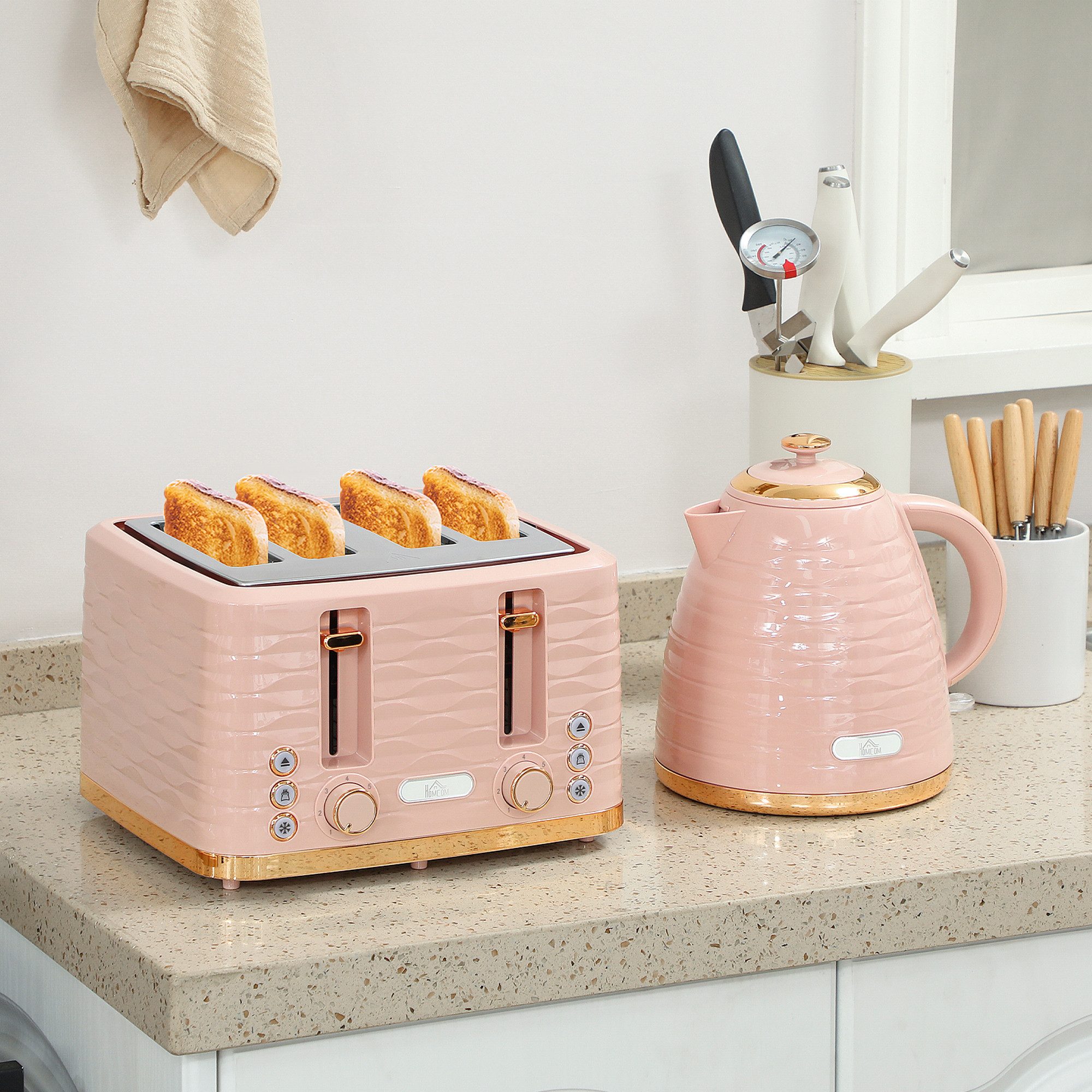 HOMCOM Toaster Wasserkocher Frühstück-Set: 1,7L, 4 Scheiben, 7 Bräunungsstufen, Kocher-Toaster-Set, für Frühstückszubereitung, 2200 W, Auftauen, Aufwärmen und Krümelfach, Otter Thermostat, Rosa