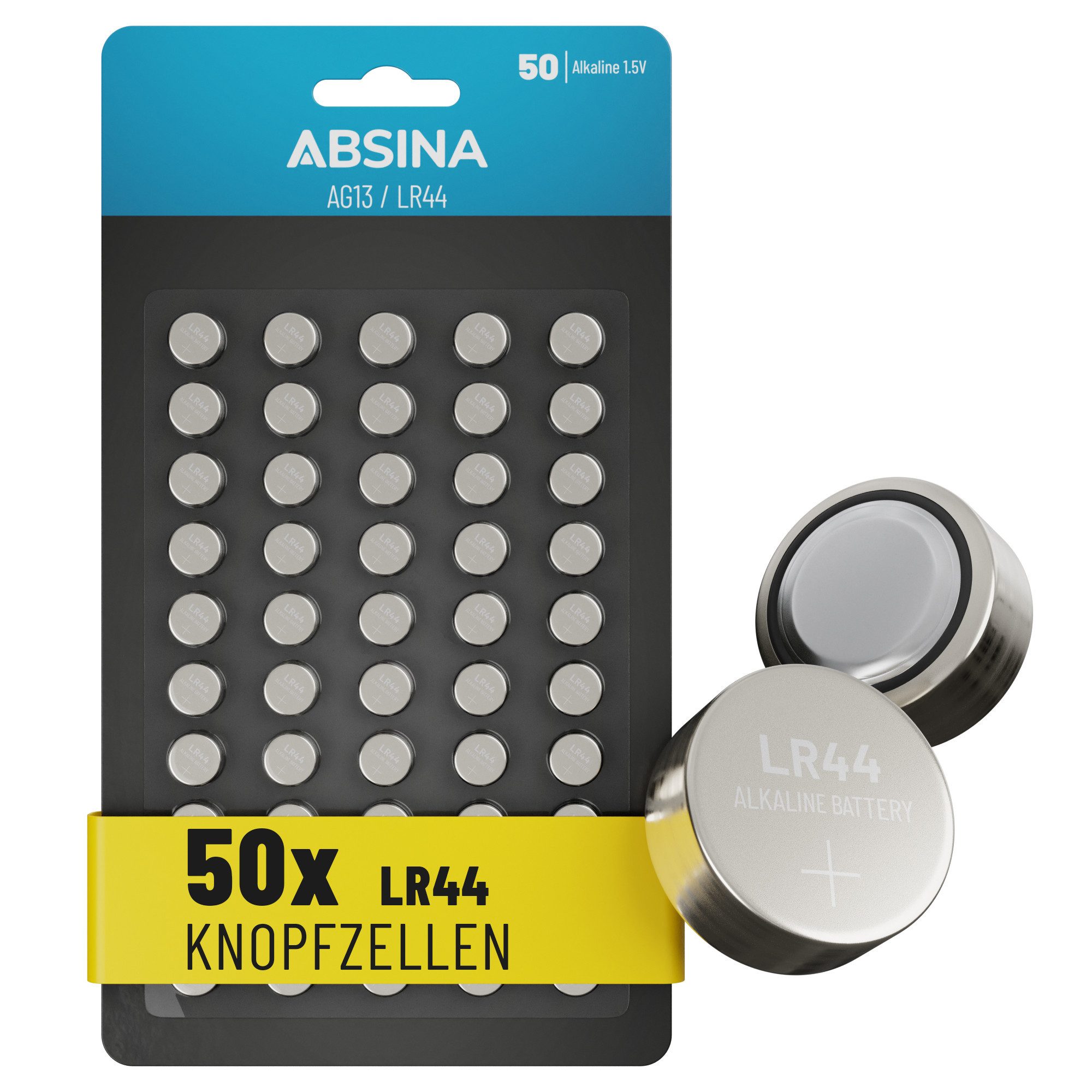 ABSINA AG13 LR44 Knopfzelle 50er Pack - 1,5V Alkaline Knopfzellen Knopfzelle, AG13 (1,5V V, 1 St), Temperaturfest von -10°C bis +50°C, langlebig, auslaufsicher