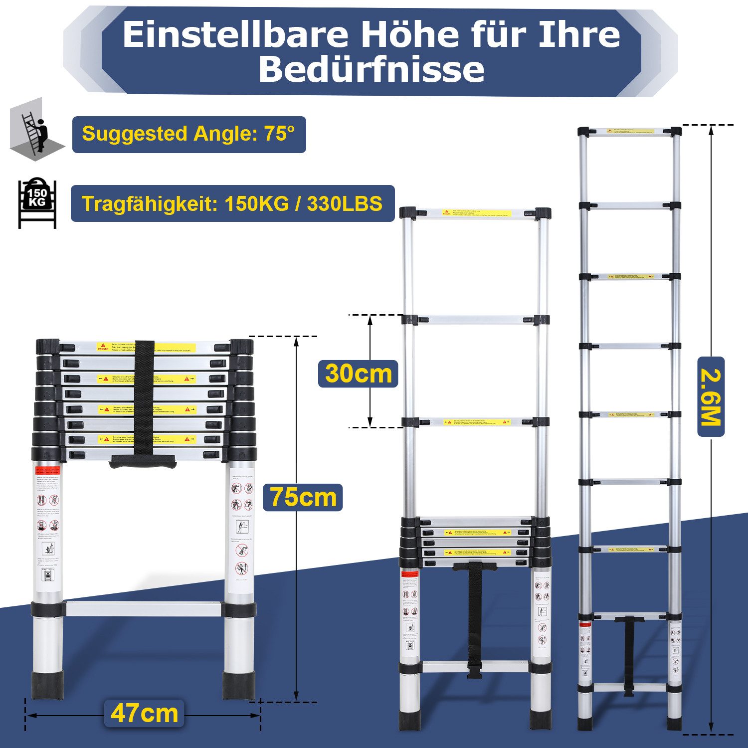 Clanmacy Teleskopleiter Aluminium Teleskopleiter 2,6m Silber günstig online kaufen