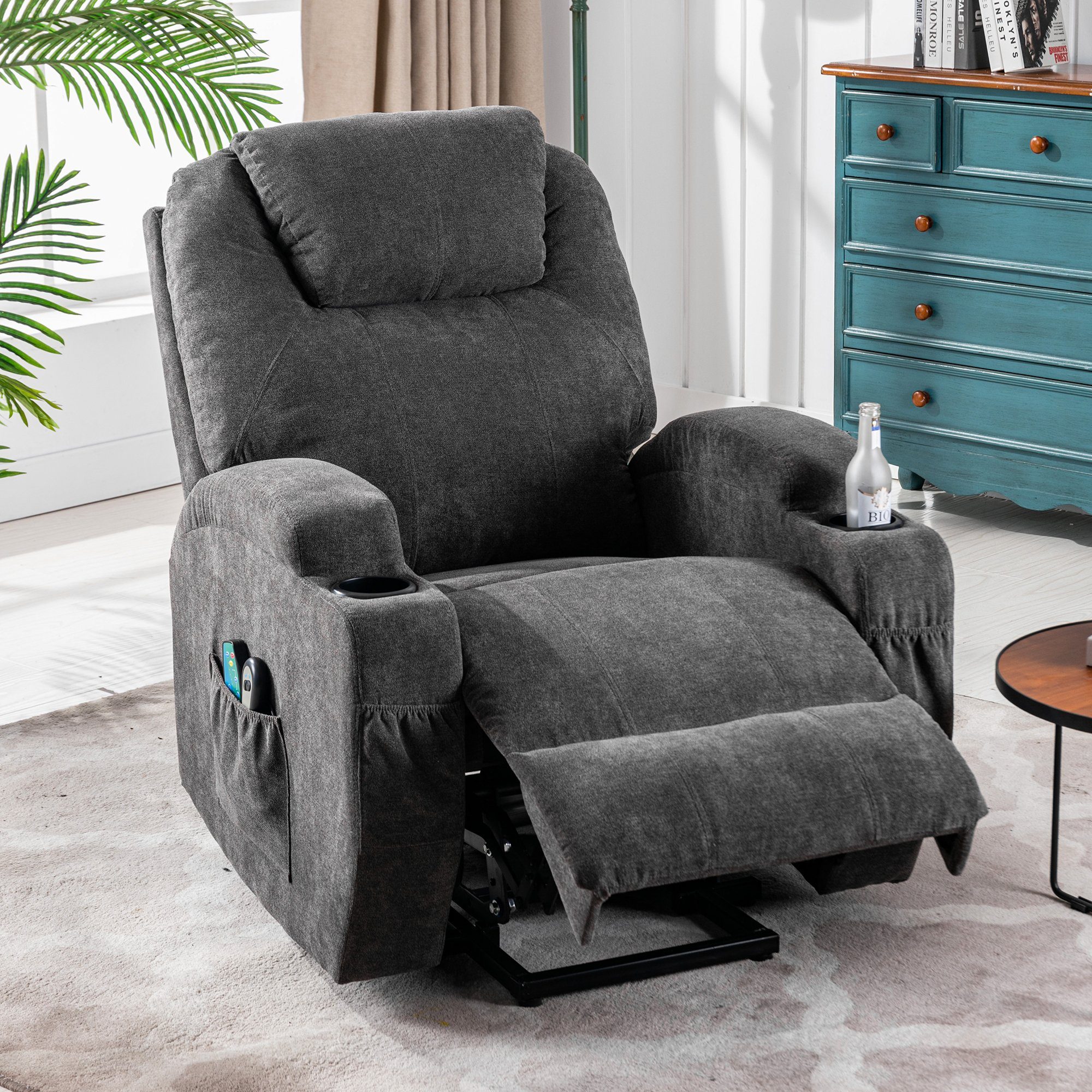 Merax TV-Sessel Wärmefunktion und Vibrationsmassage, Massagesesel mit relaxfuntion, Fernbedienung und USB Dunkelgrau