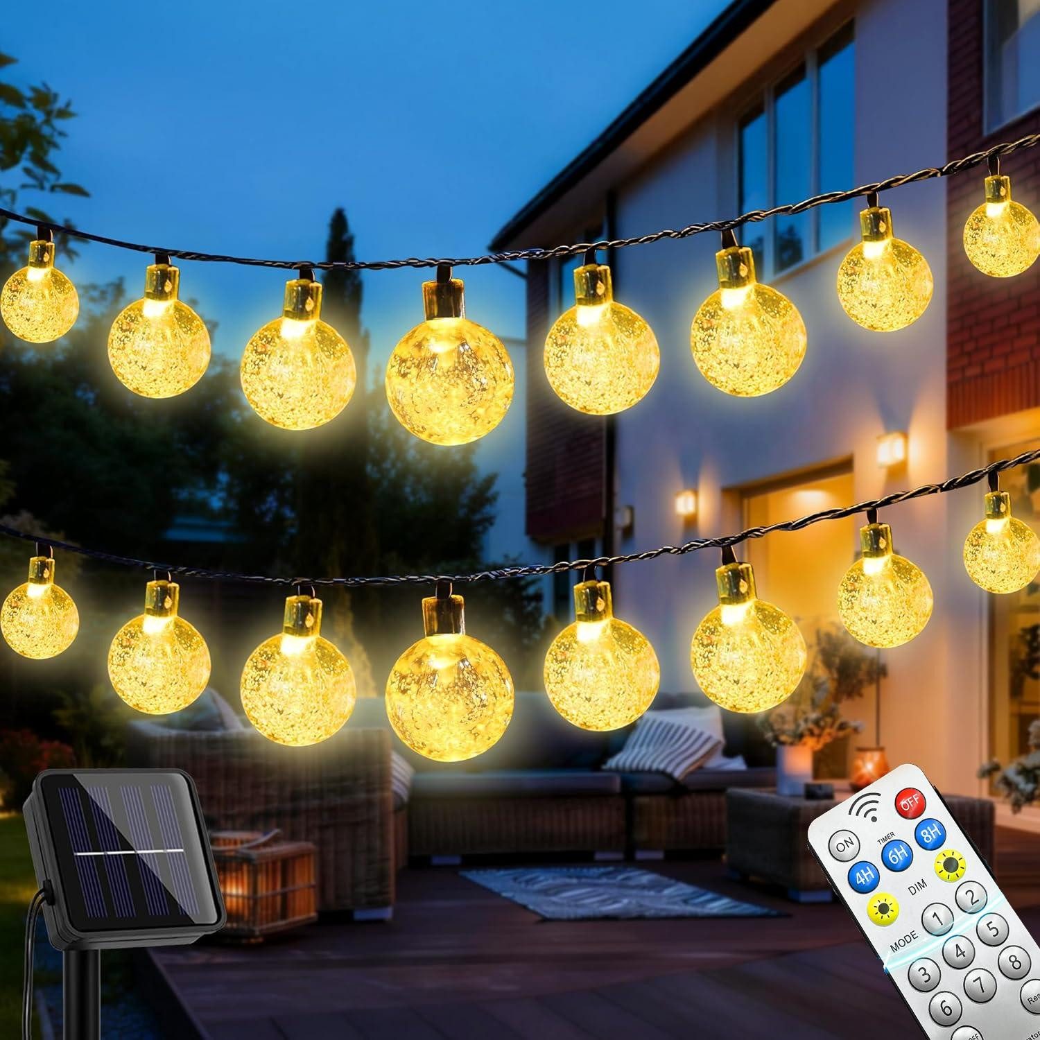 ibettertec LED Solarleuchte 12m Solar Lichterkette mit 100LEDs & Fernbedienung, Kugel-Lichterkette, Warmweiß, Außenbeleuchtung