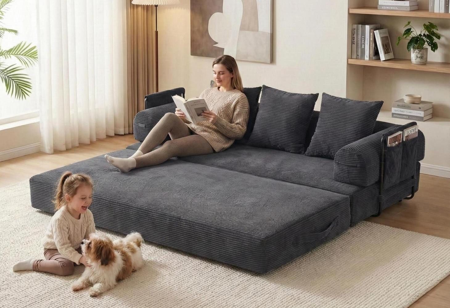 LVHOM Loungesofa faltbar mit Schlaffunktion, Stabil-/abnehmbarer Außenrahmen aus Metall, frei kombinierbar, Liege- oder Klappsofa, 3 Kissen, Hochelastischer Schaumstoff, weicher Cordstoff, Praktische Seitentaschen zur Aufbewahrung, Ideal für flexible Raumgestaltung in Wohn- oder Kleinwohnungen, Tragfähigkeit 300kg, als Gästebett nutzbar,Arbeitszimmer/Wohnzimmer