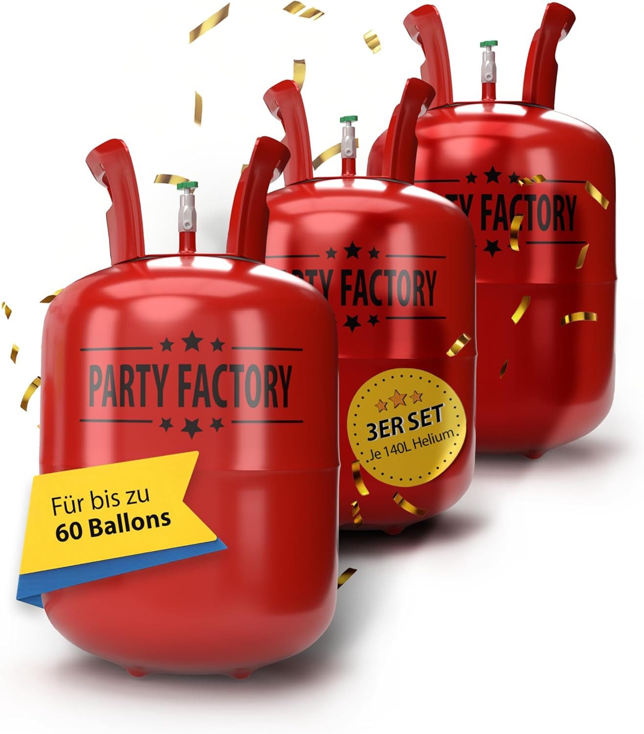 Party Factory Helium Ballongas Set mit 3 Heliumflaschen für je 20 Ballons, je 140l, Ballongas, Helium, Heliumgas, Helium Ballongas