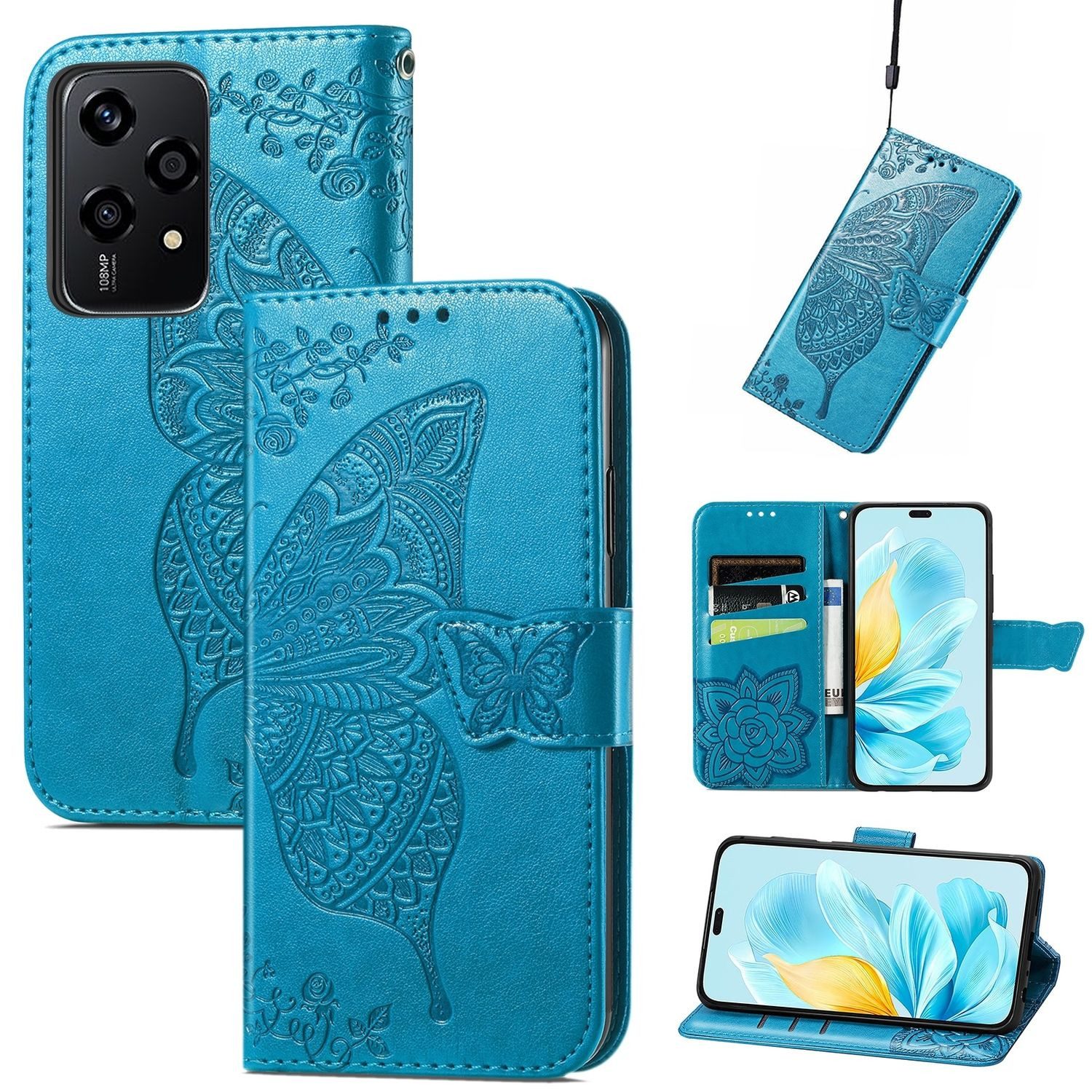 Wigento Smartphone-Hülle Für Honor 200 Lite Kunstleder Wallet Tasche Schmetterling Hülle Blau, Kunst-Leder Schutzhülle Smart Case Cover magnetischer Verschluss