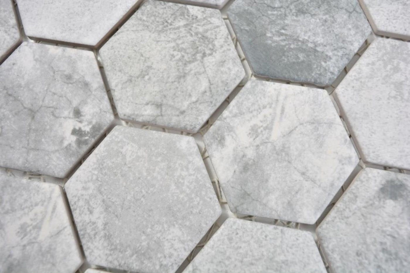 Thumbnail - Mosani Mosaikfliesen Sechseck Mosaik Fliese Keramik Zementoptik hellgrau