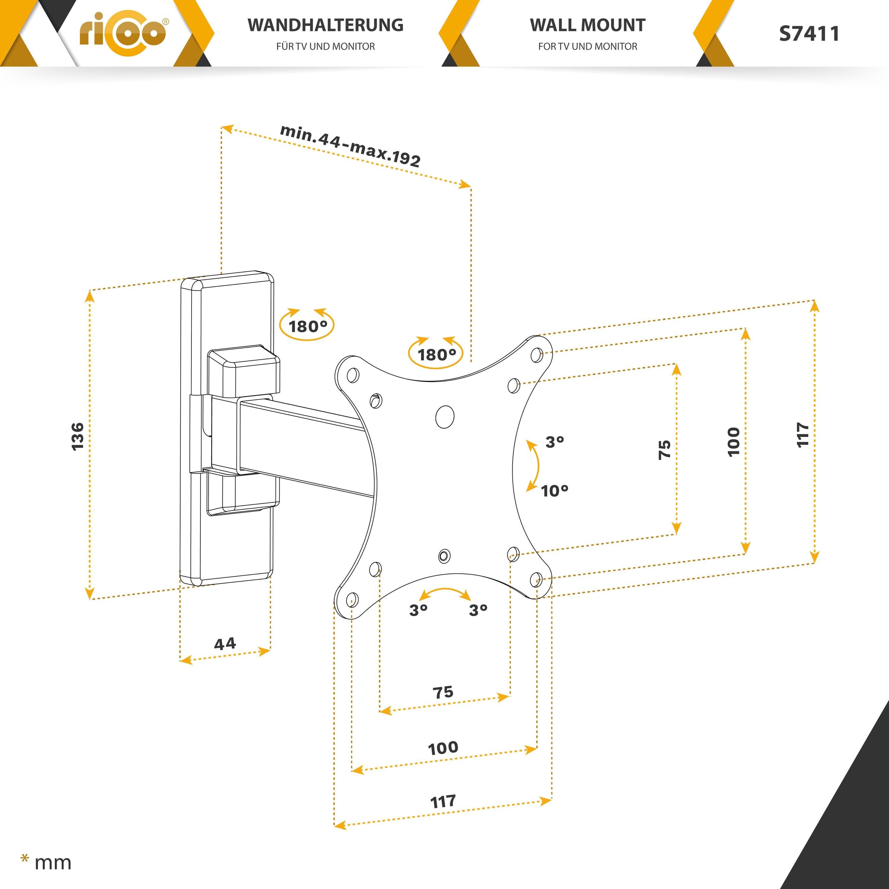 Wand TV-Wandhalterung, 100x100) Zoll, VESA neigbar RICOO S7411 Monitor (bis schwenkbar Halterung universal 27