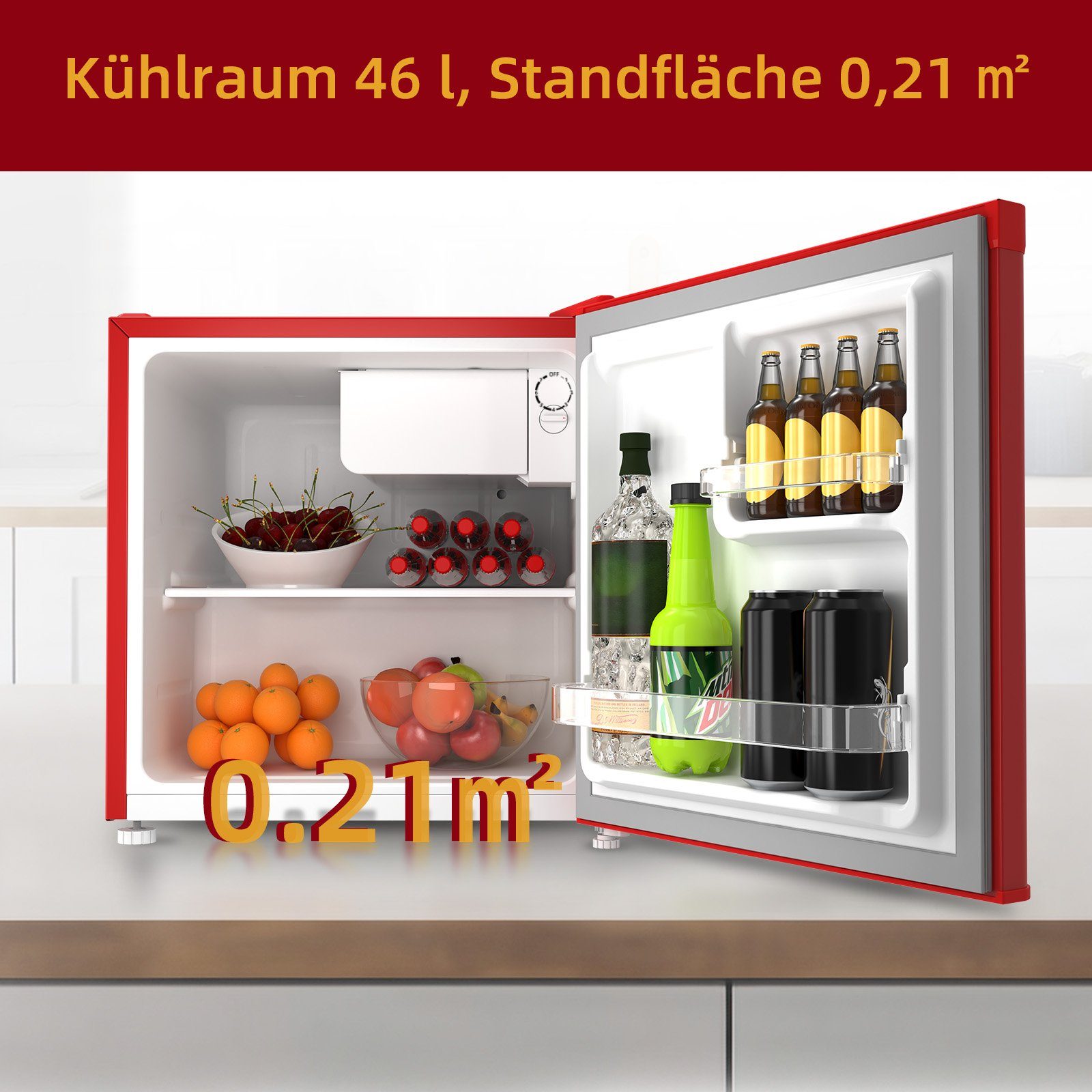 CHiQ Table Top Kühlschrank Jahre 50 auf Kühlschrank, 39dB,12 cm den Kompressor CSD46D4RE, cm Mini breit, 47 hoch, Garantie