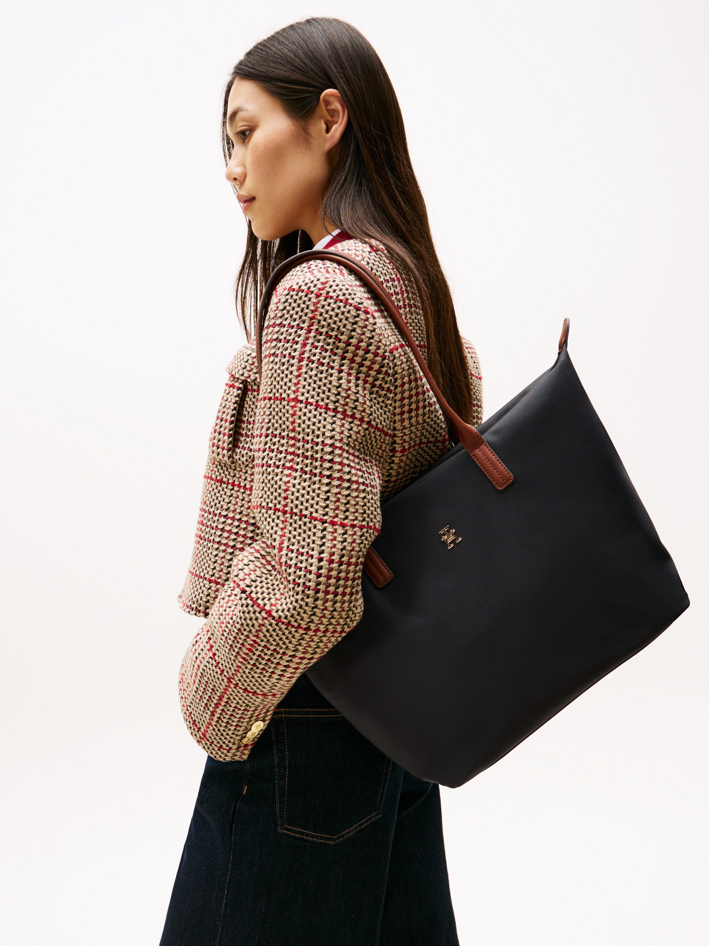 Tommy Hilfiger Tragetasche POPETTE TOTE, Damen Handtasche, Schultertasche mit kontrastfarbigen Henkeln