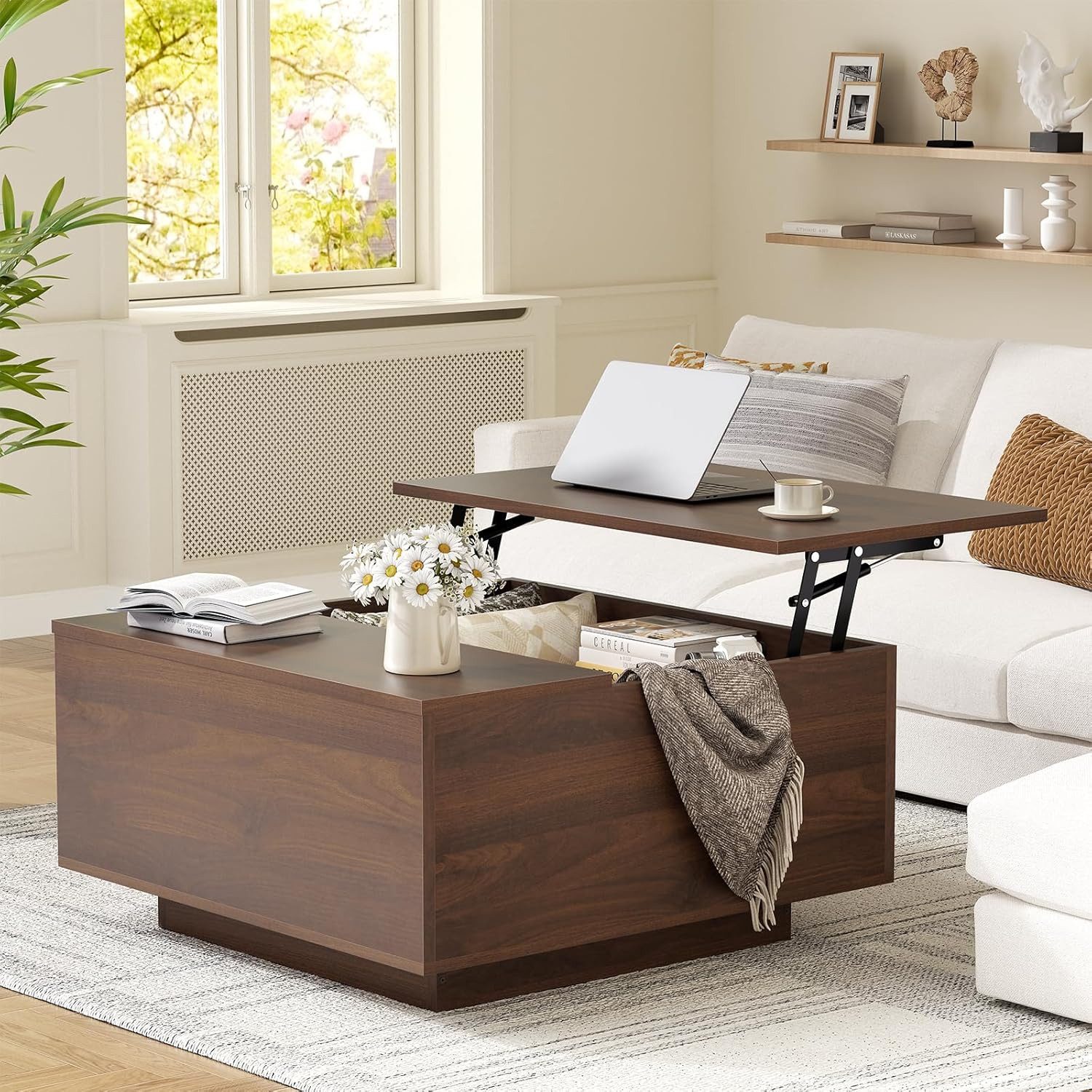 FABATO Couchtisch eckig, höhenverstellbar mit verstecktem Staufach, Landhaus-Design (1-St), mit einem sanften Hebe-Mechanismus, nussbaum