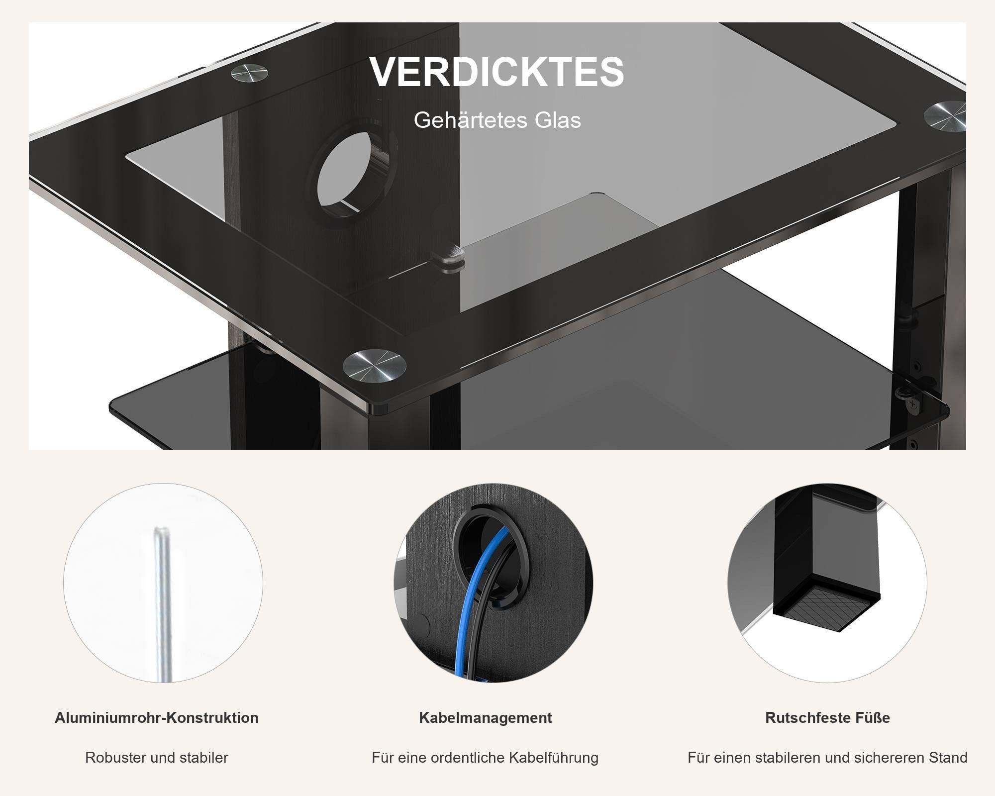 FITUEYES TV-Ständer HIFI-Rack aus Glas mit höhenverstellbaren Ablagen, (mit rutschfesten Füßen, Kabelmanagement) – Bild 5 von 5