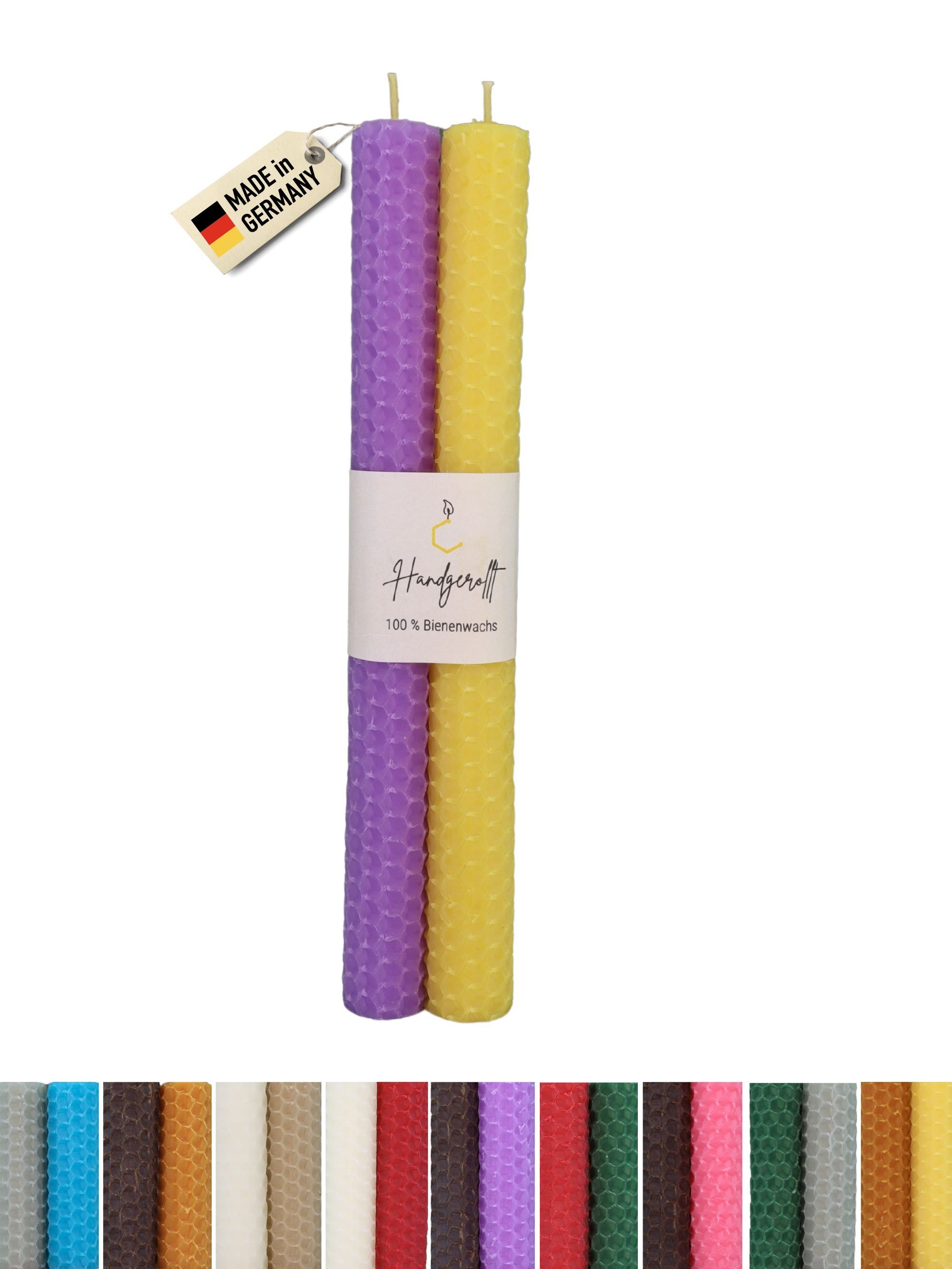 Wachsmann Bienenprodukte Bienenwachskerze handgerollt, 100 % Bienenwachs, 2er Set in vielen Farben