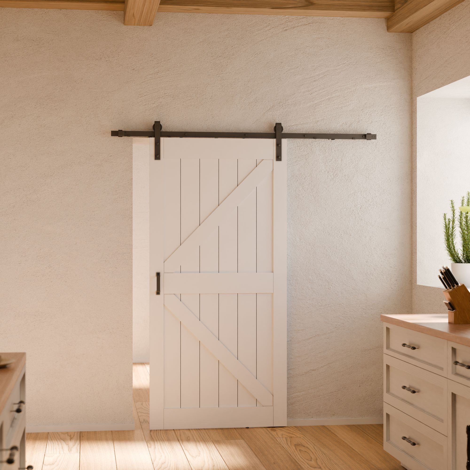 inova wohnen Schiebetür Holzschiebetür Scheunentor Weiß, Größenauswahl (Komplett Set, inkl. offener Laufschiene und Bügelgriff), beidseitiger Softclose