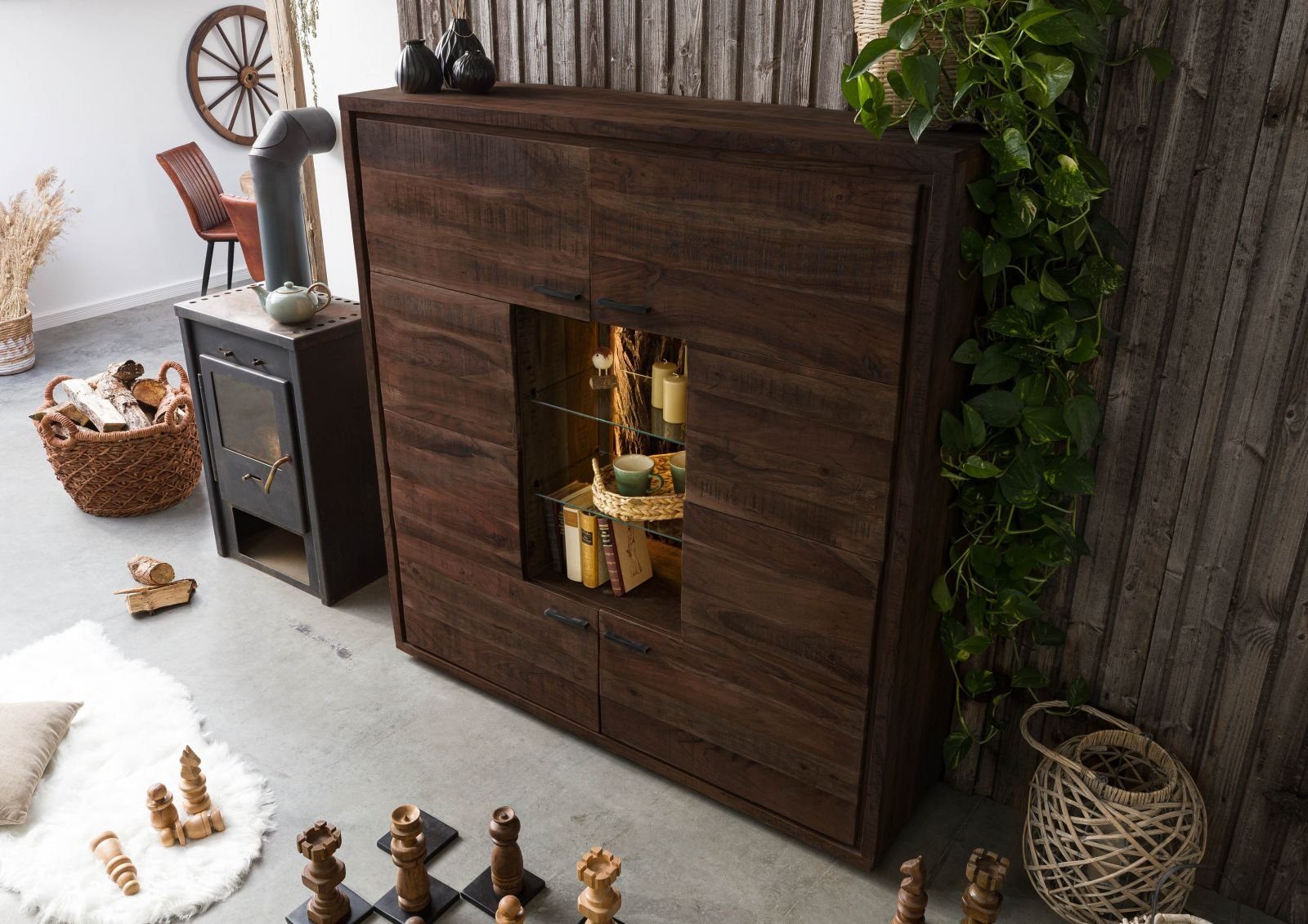 Massivmoebel24 Highboard (Highboard Akazie 145x40x153 dunkelbraun günstig online kaufen