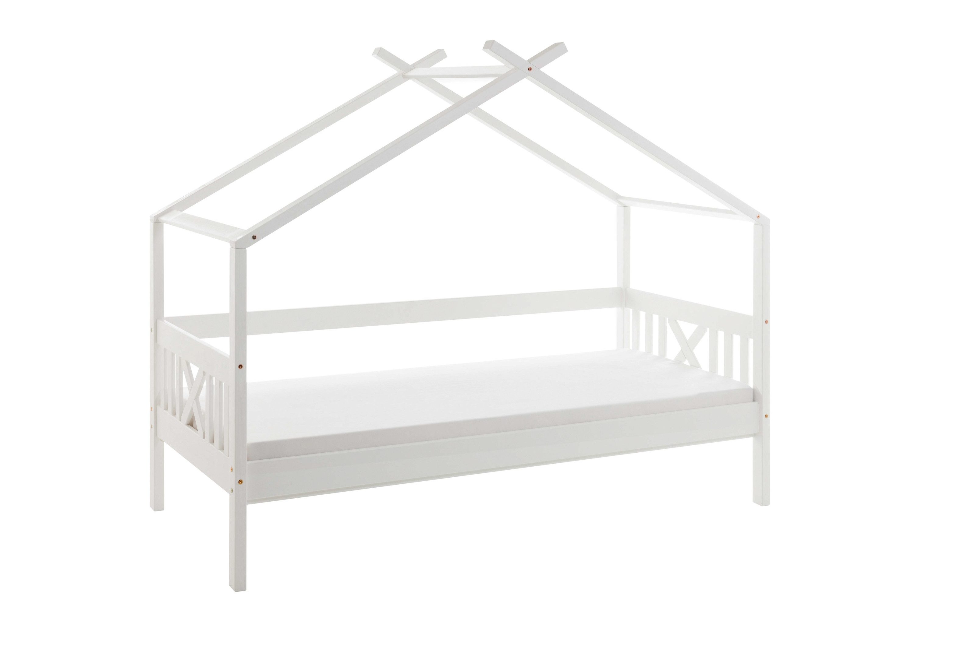 PREISBRECHER Hausbett Susa, Liegefläche 90x200cm, Rollrost, Weiß, teilmassiv - 207x170x98cm BxHxT