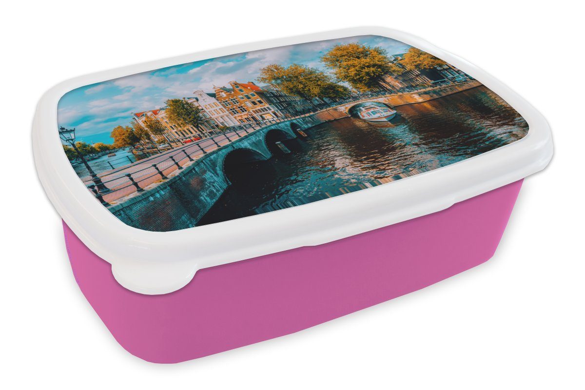 MuchoWow Lunchbox Panorama - Brotdose Kunststoff, Erwachsene, - Gracht, Mädchen, für Kunststoff Amsterdam (2-tlg), Snackbox, rosa Brotbox Kinder