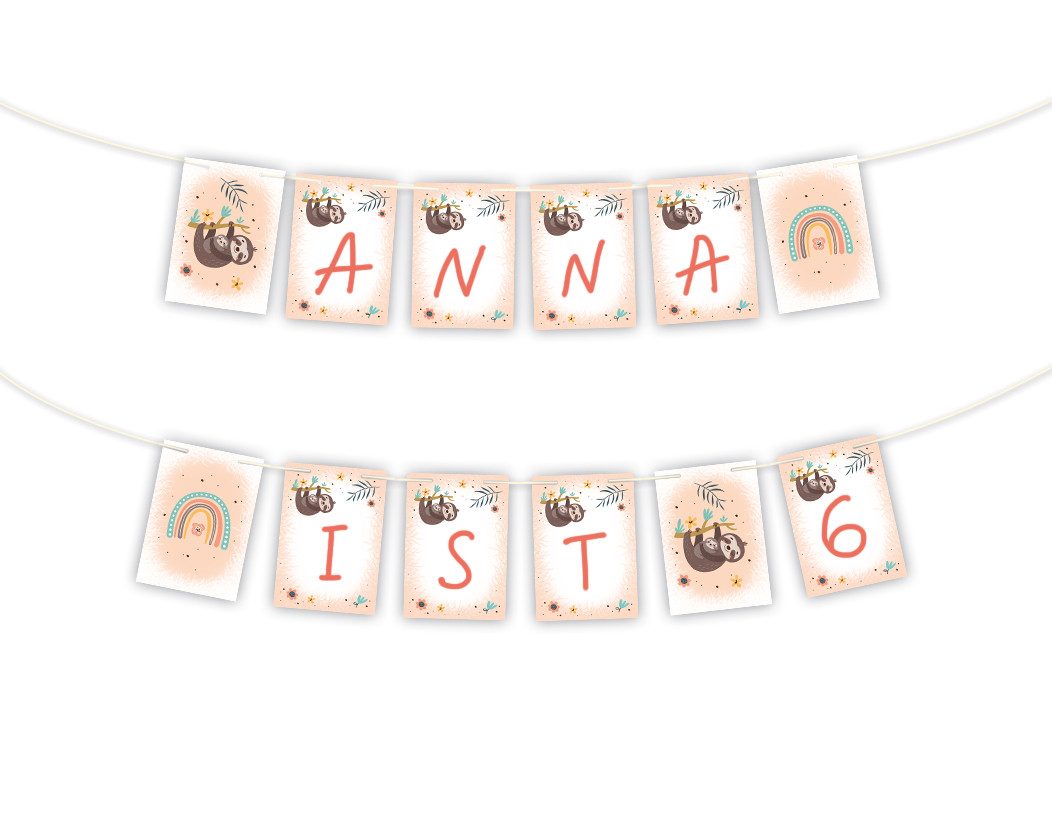 JUNAPACK Papierdekoration Party Set Deko Girlande Konfetti Tischset Kinder Geburtstag Faultier, Party Set mit Girlande, Konfetti, Tischunterlagen und Namensschildern