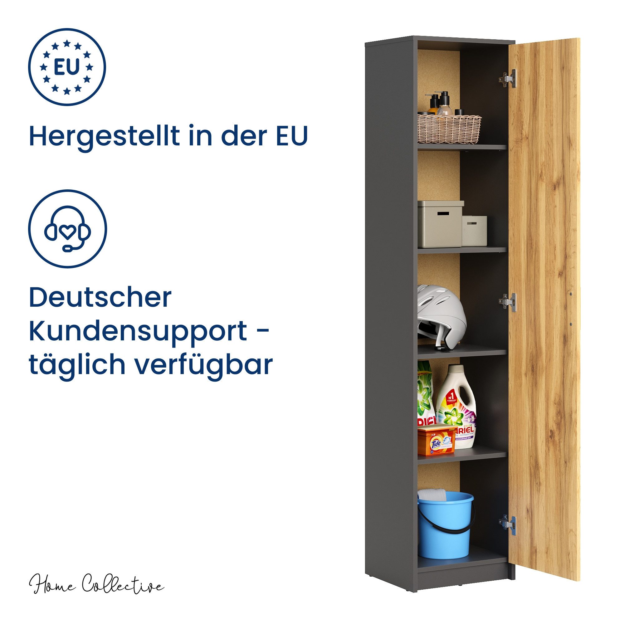 Home Collective Regal mit 5 Ebenen Aktenschrank mit 4 Einlegeböden und 1 Tür, in mattem Finish Standregal 39 cm breit graphit Eiche – Bild 5 von 5