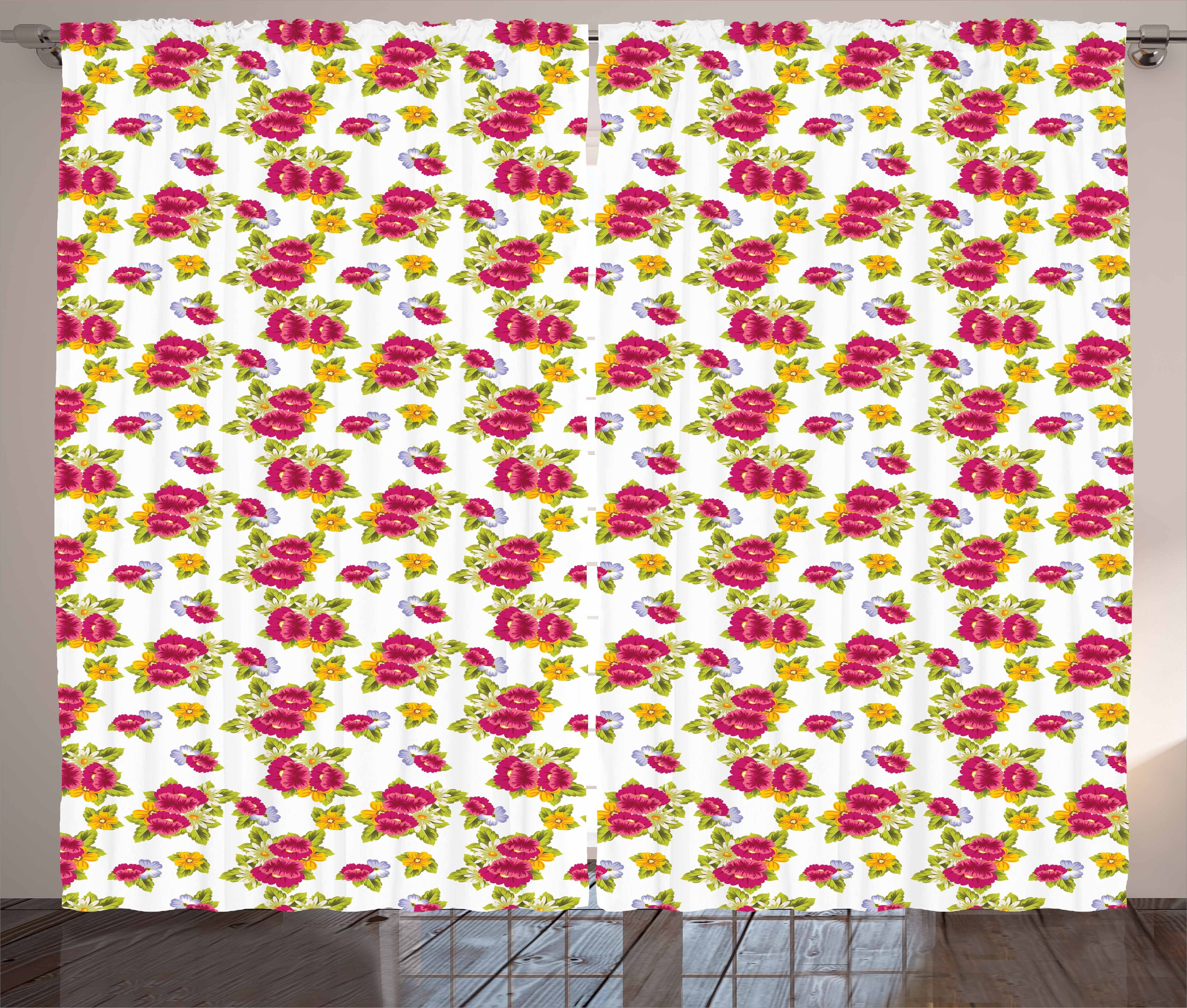Frühling Kräuselband Abakuhaus, Gardine Wildblumen Schlafzimmer mit Bunte Schlaufen Vorhang und Haken, Frische