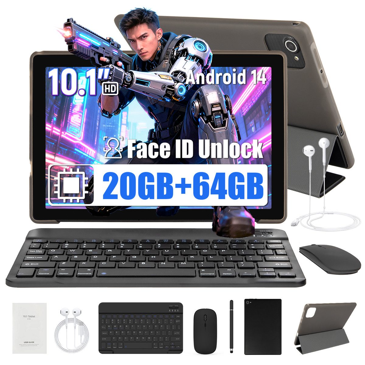 Happybe 10 Zoll 3 GB RAM 64 GB ROM (1 TB TF) 1280x800 HD IPS WiFi 6 Android 14 Tablet (10", 64 GB, Android, WIFI, mit Tastatur, Maus, schützende Hülle und Stift, Dual-Kamera)