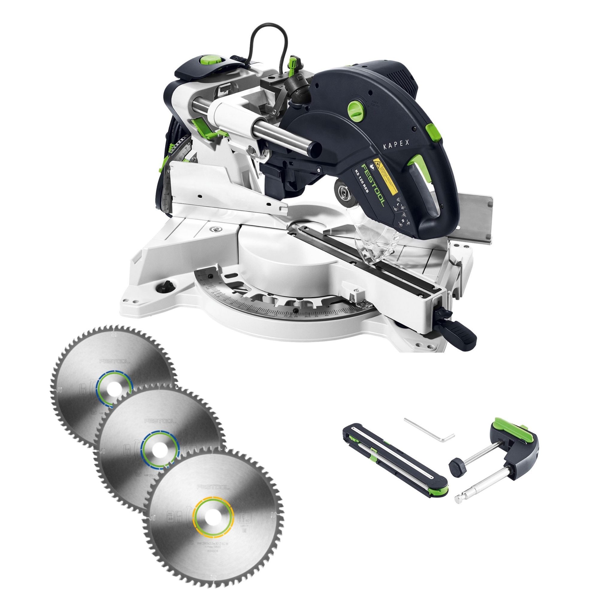 FESTOOL Kapp- und Gehrungssäge KS 120 REB Kapp Zugsäge KAPEX 1600W 260mm (575302) + 3x
