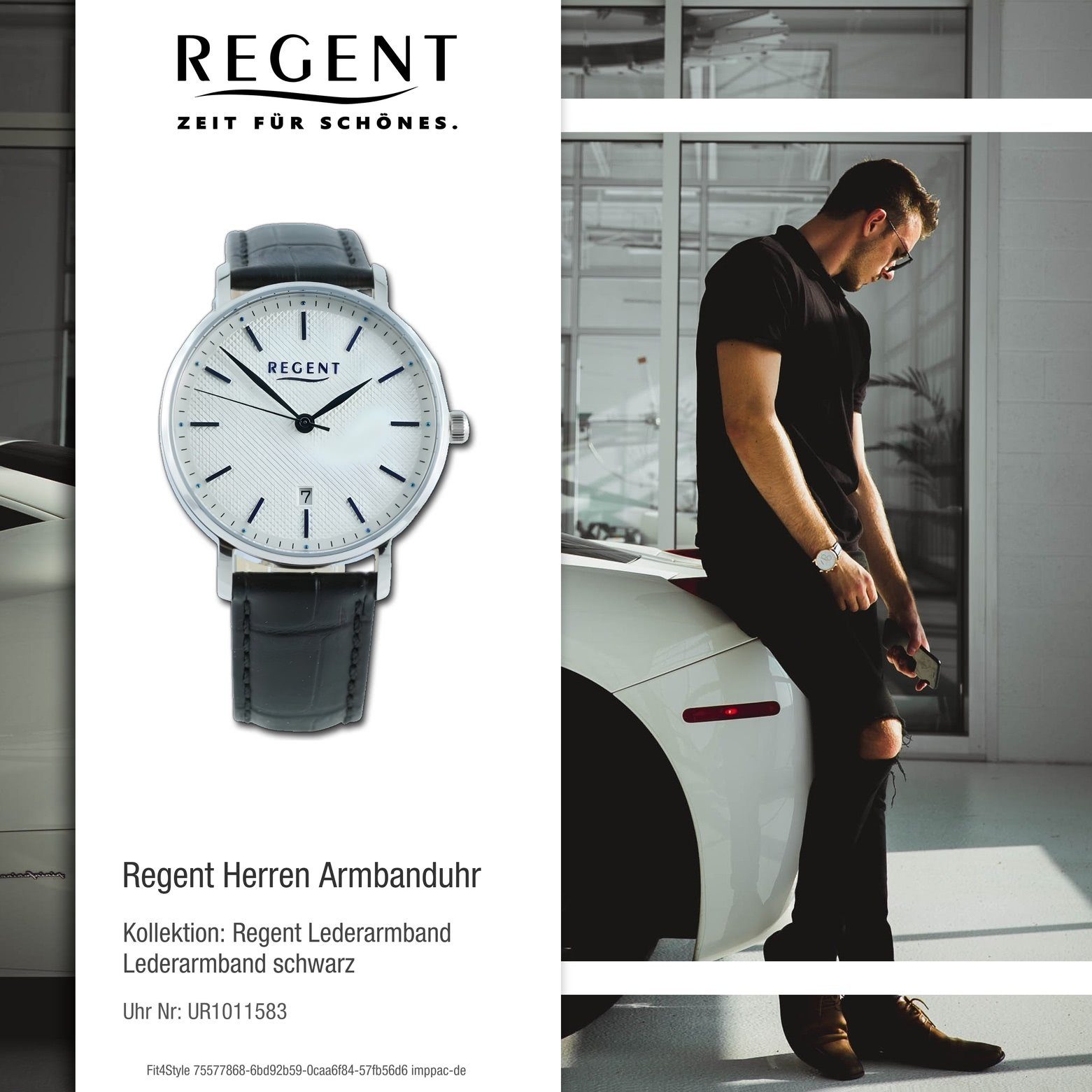 Regent Quarzuhr Lederarmband Herren Armbanduhr (ca. rund, extra 39mm), Analog, Regent Armbanduhr groß Herren