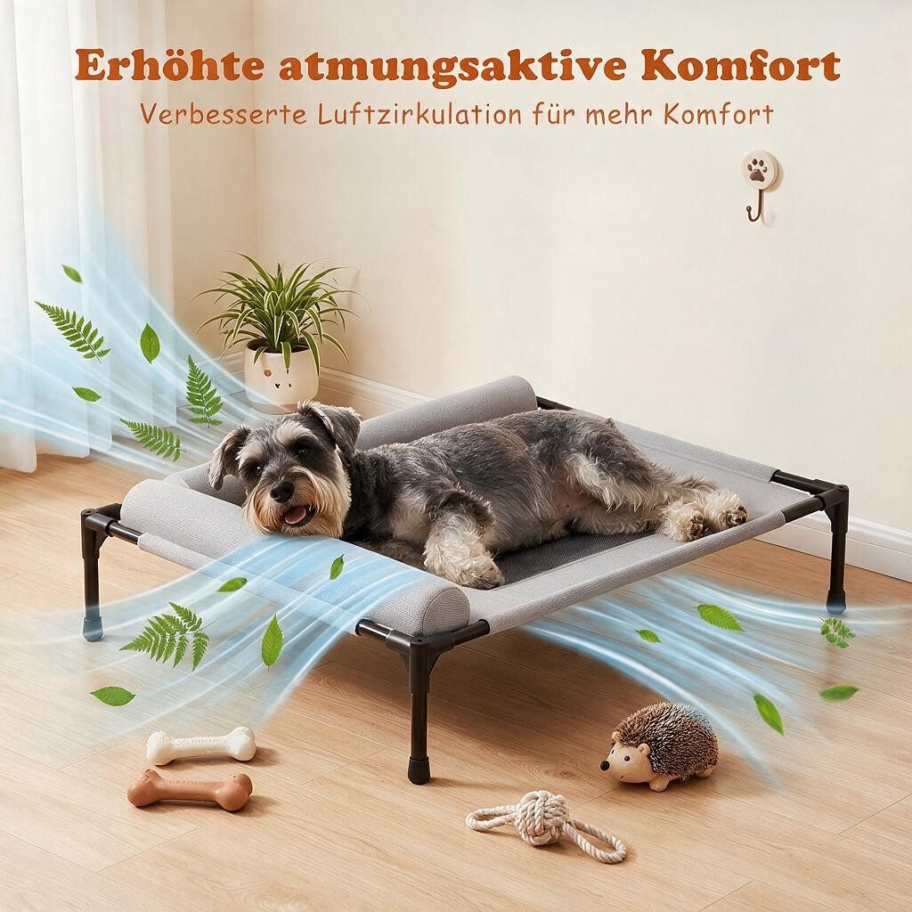 Hausprofi Tierbett Hund Erhöhtes Hundebett Outdoor für Kleine und Mittelgroße Hunde, Velours & Eisengestell, mit L-förmiges Nackenkissen, Atmungsaktive, 66×45×17cm Grau