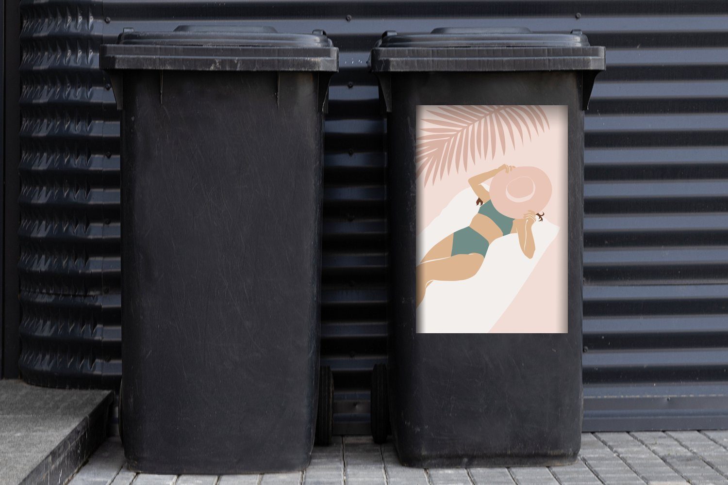 MuchoWow Wandsticker Frau - St), Abfalbehälter (1 Mülleimer-aufkleber, Container, Sticker, Hut - Strand Mülltonne