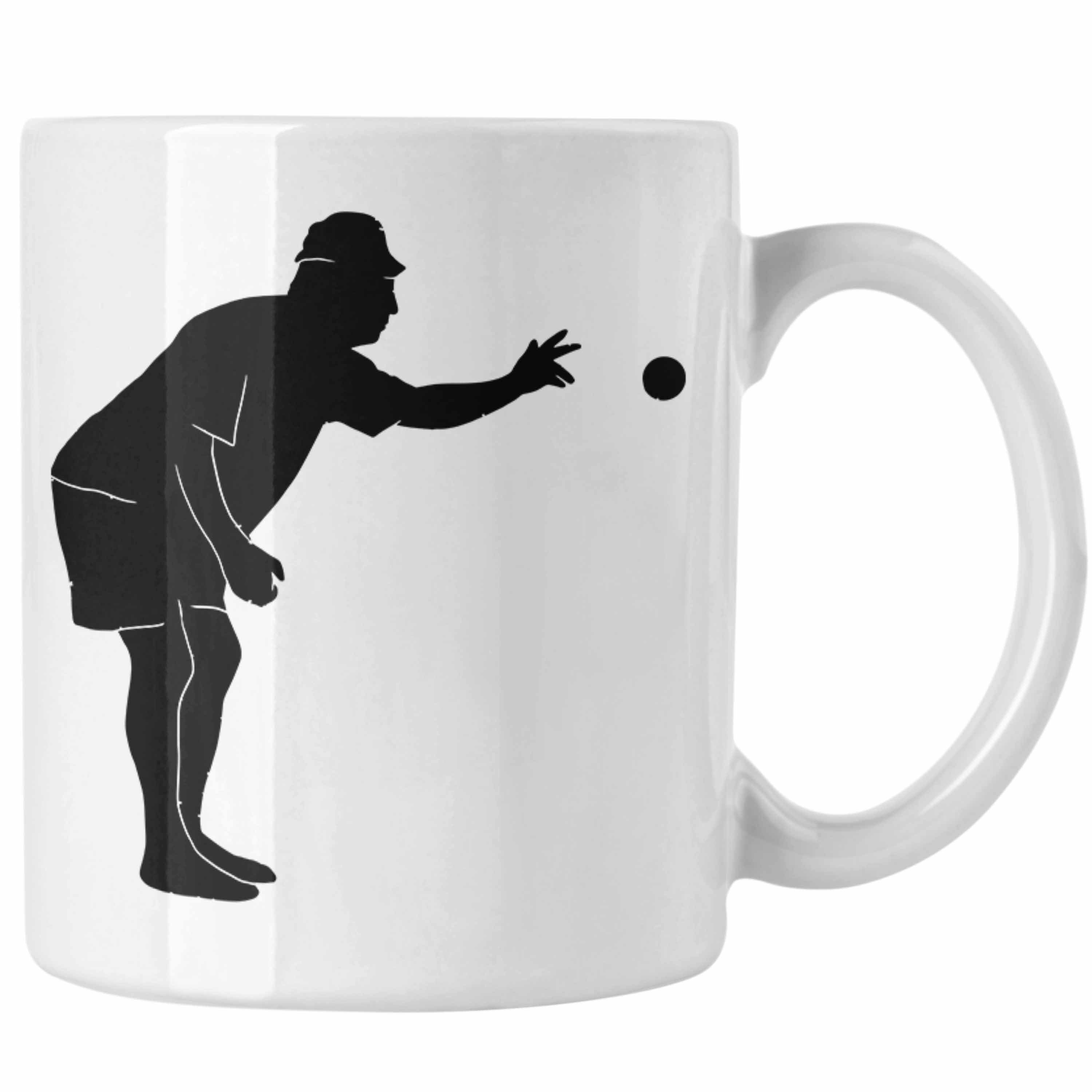 Trendation Geschenkidee Tasse Boule Geschenk Grafik Werfende Tasse Spruch Weiss Boule-Spieler