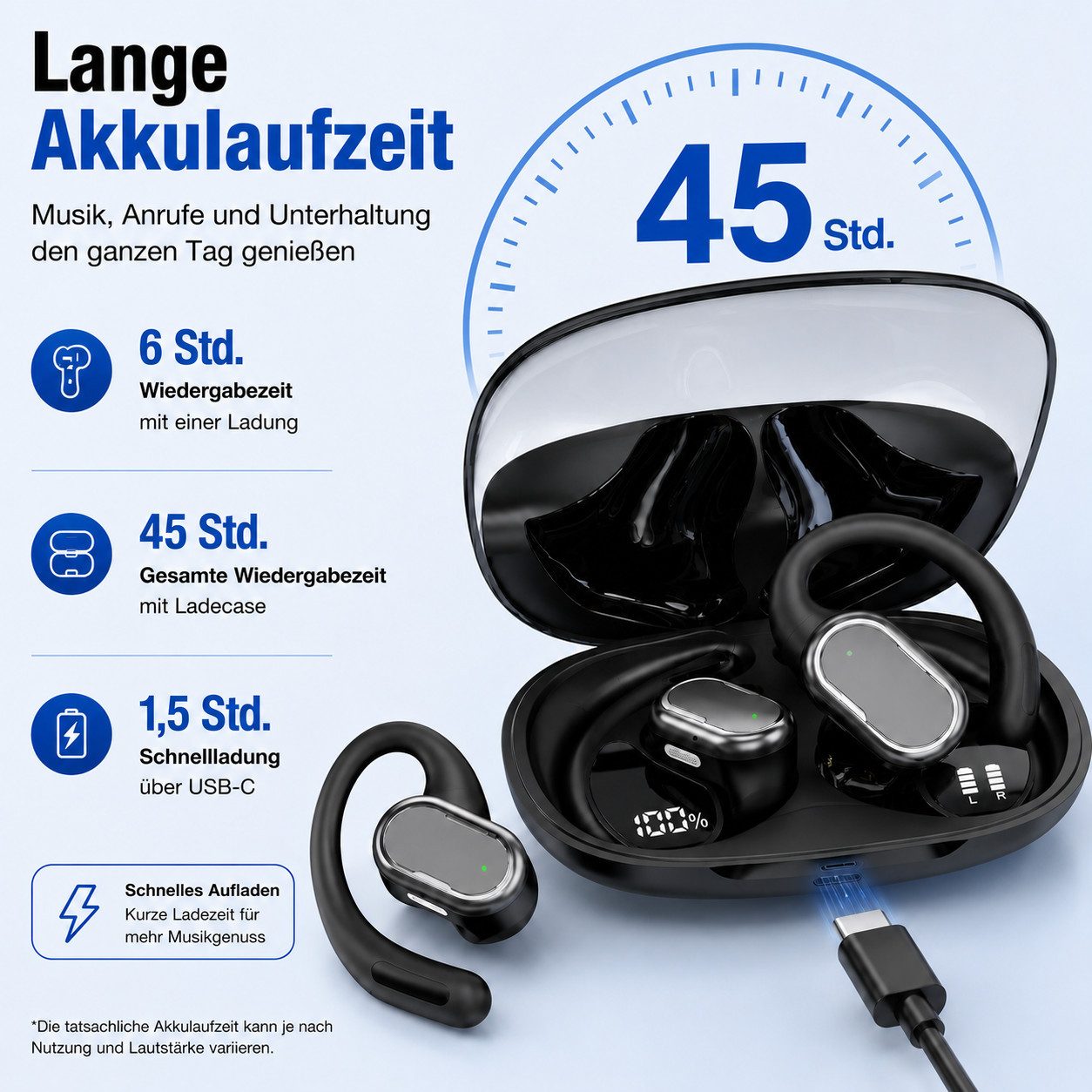 Toomoke Bluetooth Kopfhörer Kabellos, Open Ear Sport Kopfhörer mit Ohrbügel Open-Ear-Kopfhörer (Bluetooth 5.4, ENC Noise Cancelling für Anrufe, 18 mm Treiber, IPX6 Wasserdicht, 45 Std. Spielzeit, USB-C Ladecase)
