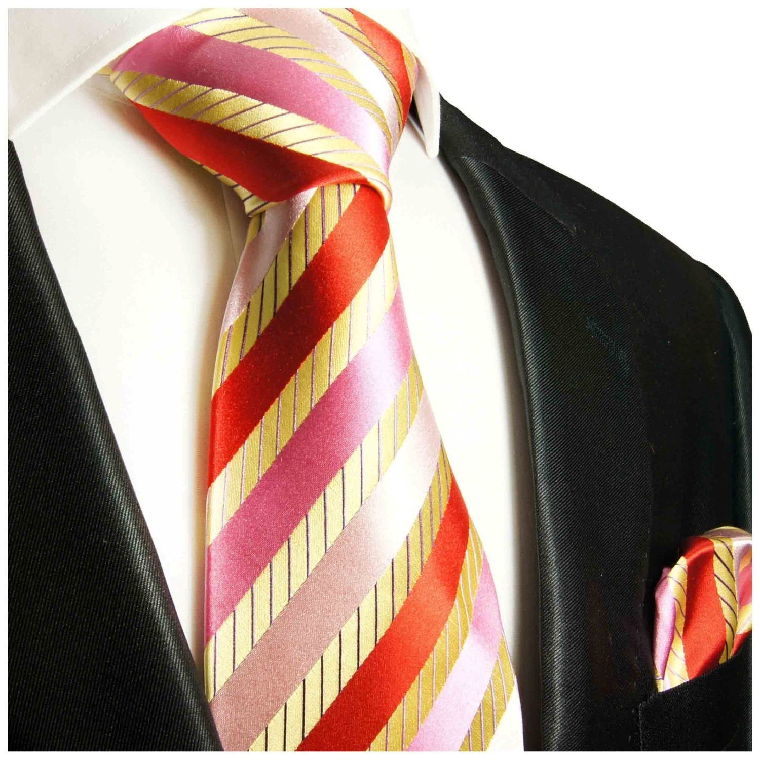 2-St., 620 Herren Paul (8cm), Tuch Malone rot mit Breit (Set, pink mit Krawatte modern gold Einstecktuch) Krawatte gestreift Seidenkrawatte 100% Seide