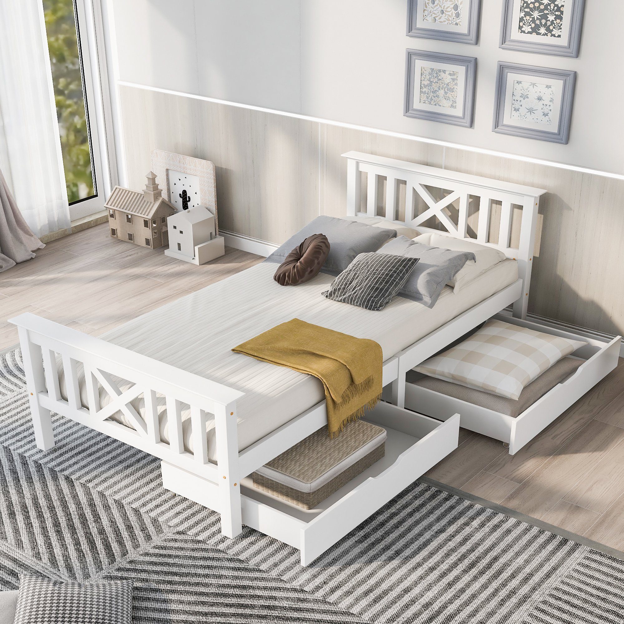 Massivholzbett, Einzelbett Holzbett mit 2 Schubladen, Lattenrost und Kopfteil 90x200cm
