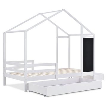 EXTSUD Kinderbett Babybett 90 x 200 cm, Holzbett mit Tafel und 2 Schubladen, Massivholz mit Zaun und Lattenrost, weiß (ohne Matratze)