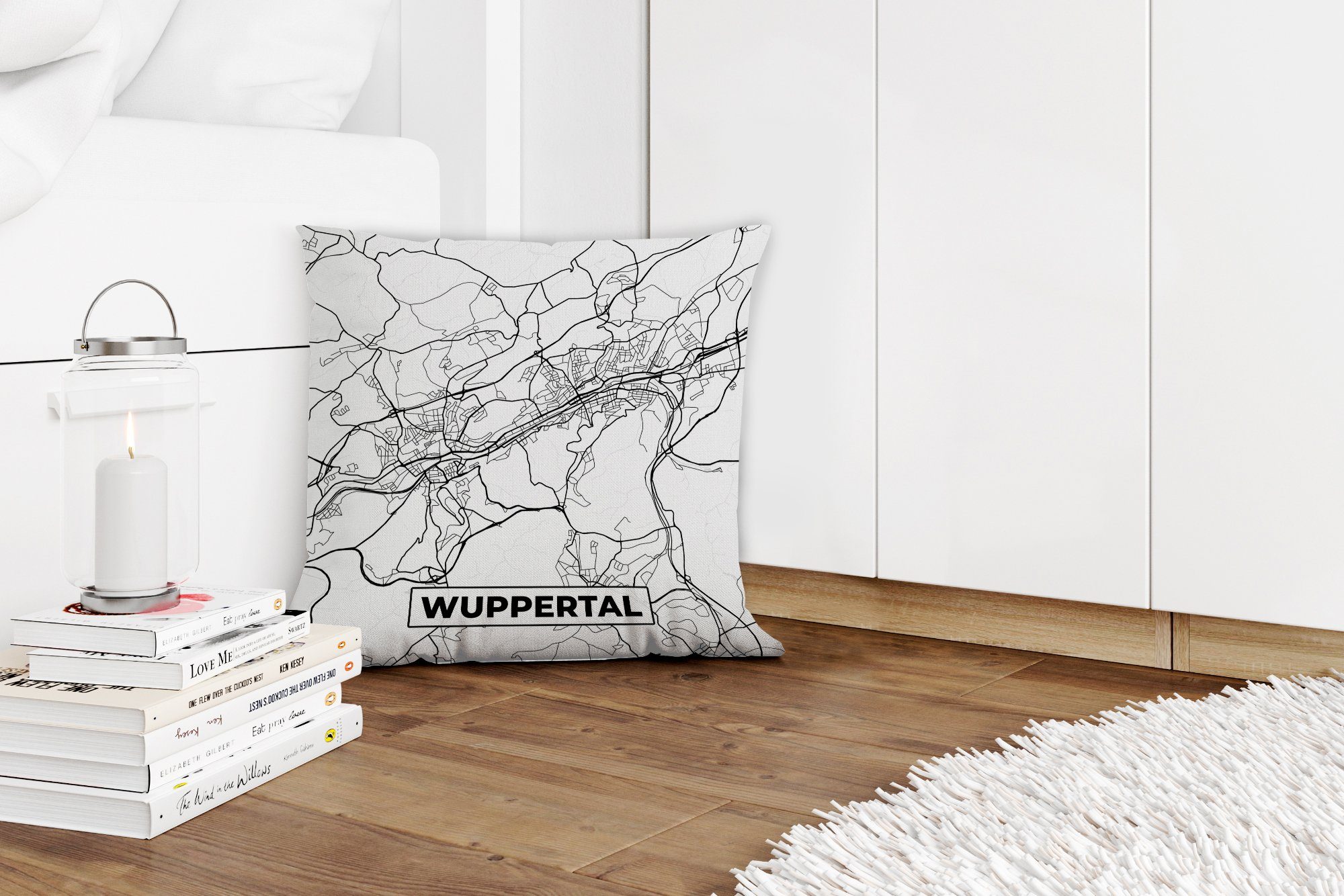 Zierkissen MuchoWow mit Karte Wuppertal Füllung - - Karte Deko, Schlafzimmer, Stadtplan, Dekokissen Sofakissen Wohzimmer, für -