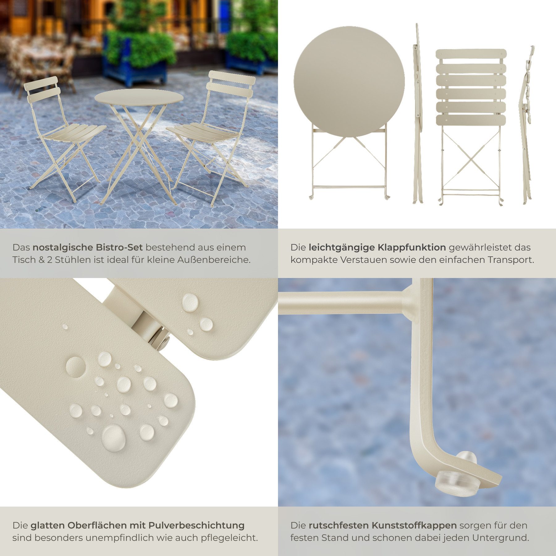 tectake Essgruppe Bistrotisch Set für 2 Personen, Belastbarkeit Stuhl 120 kg, (Bistrotisch Frieda, 3-tlg., in creme), klappbar, widerstandsfähig, UV-beständig – Bild 5 von 5