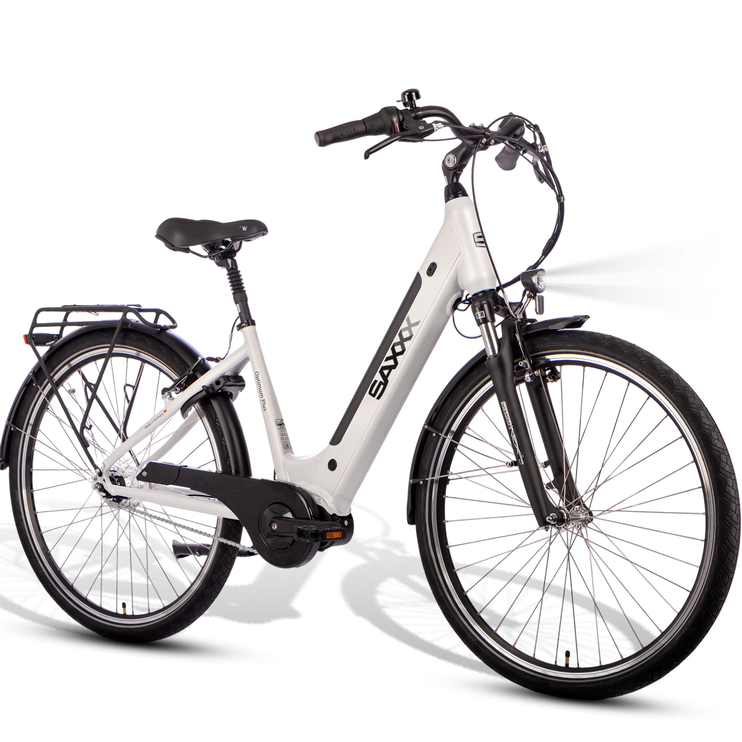 SAXXX E-Bike Cityrad 28'' für Damen Herren, 418Wh, SAXXX OP, 100km, 95 % vormontiert, 7 Gang Shimano Nexus Schaltwerk, Nabenschaltung, Mittelmotor, 418 Wh, (mit Akku-Schlüssel, mit Gepäckträger, V-Bremsen), Pedelec E-Citybike, Elektrofahrrad mit gefederter Sattelstütze