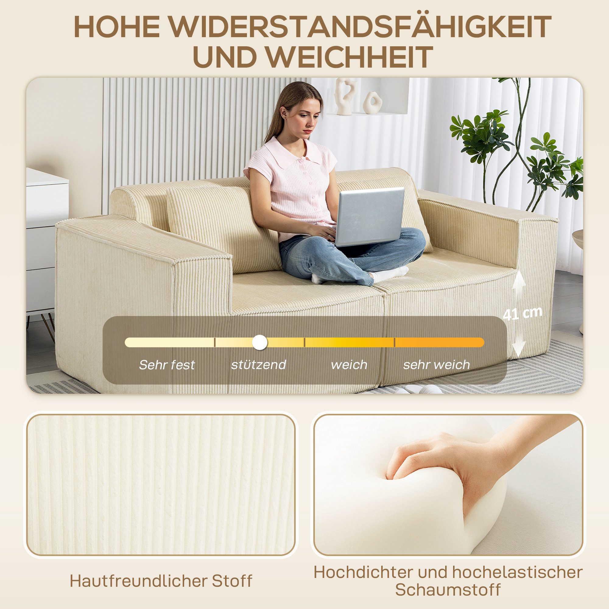 HOMCOM 3-Sitzer Sofa 202 cm ohne Gestell Loungesofa mit 2 Lendenkissen, Couch 1 Teile, für Wohnzimmer, Schlafzimmer, Beige – Bild 4 von 5