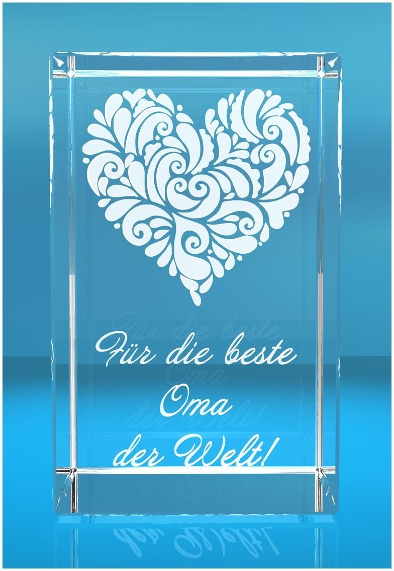 VIP-LASER Dekofigur 3D Glasquader Motiv: Verziertes Herz Beste Oma der Welt!, Hochwertige Geschenkbox, Made in Germany, Familienbetrieb