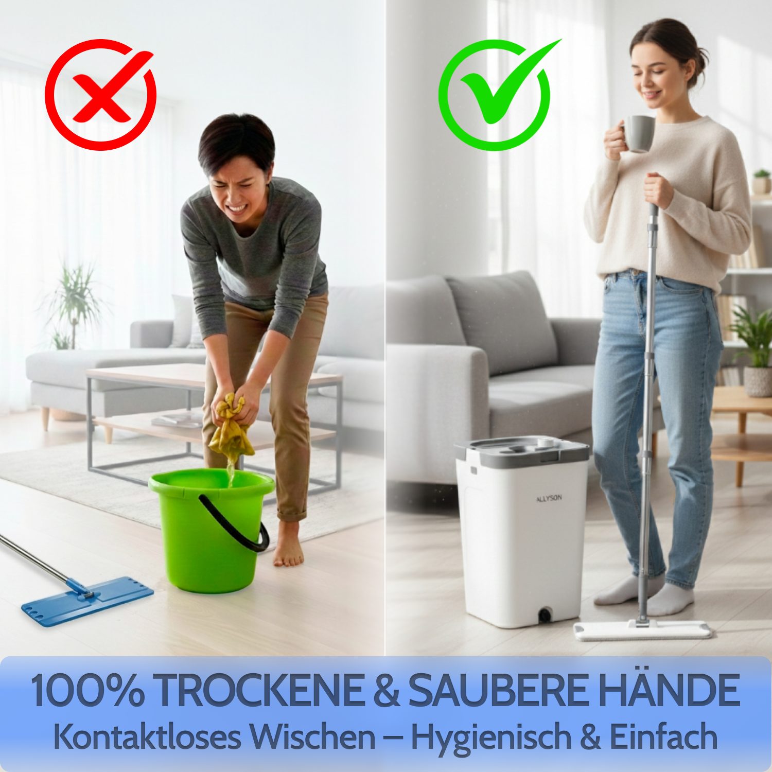 Allyson Putzeimer Bodenwischer Set mit Eimer, trennt Schmutz von Frischwasser, (Komplett-Set für alle Hartböden), 3-Kammer-System, 5 Mops inklusive, 3,5cm flach, 360° Gelenk