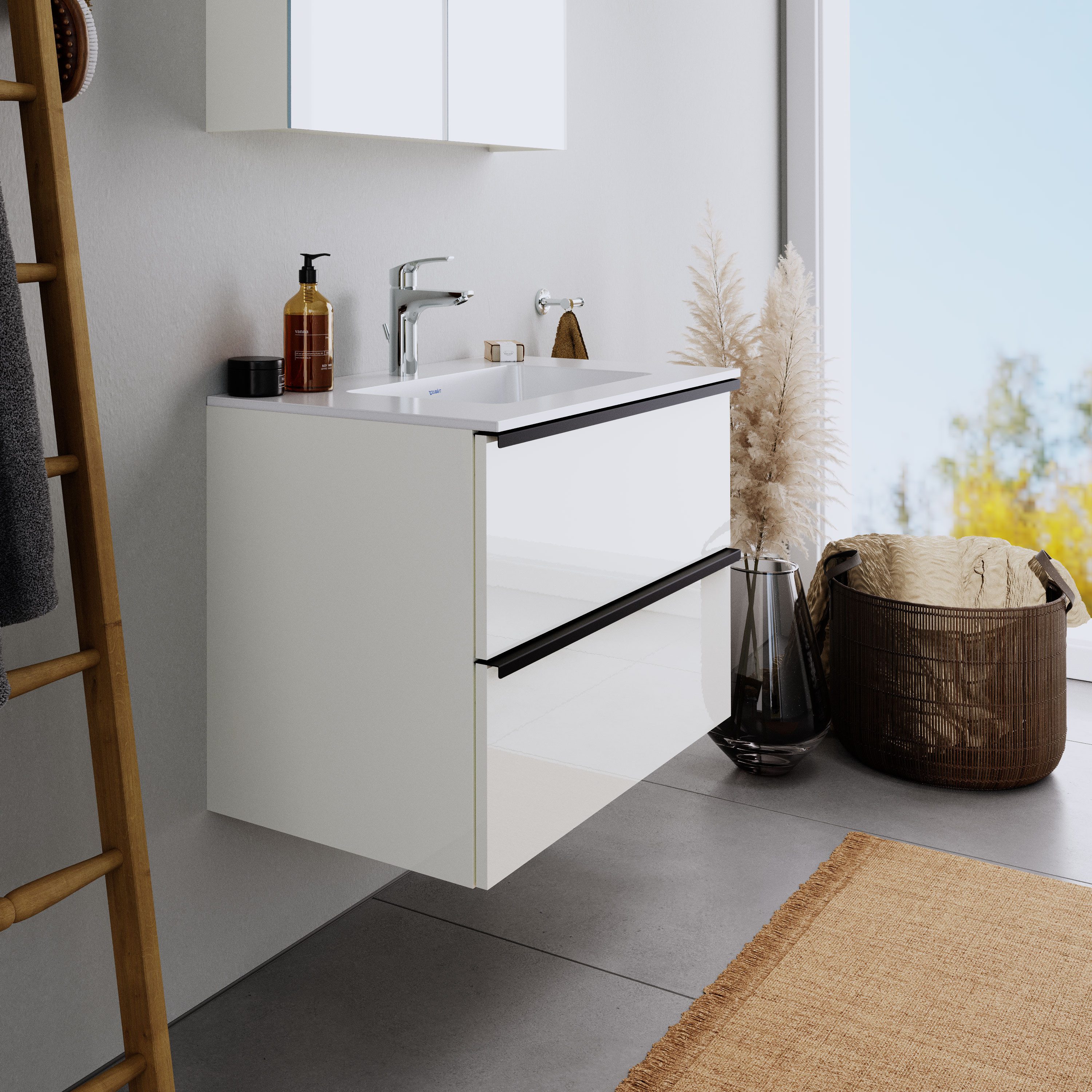 Duravit Badmöbel-Set DuraPoint Weiß glänzend 80cm Mineralguss, Badmöbel Set Unterschrank Mineralguss Waschbecken 2 Auszüge