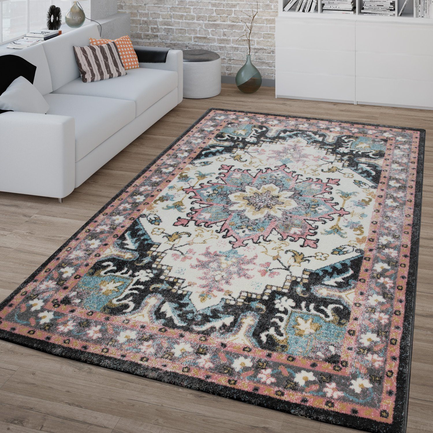 Teppich Vintage-Teppich Frisé-Kurzflor Für Wohnzimmer Orient-Design  Pastell, TT Home, rechteckig, Höhe: 16 mm, maschinell gewebt