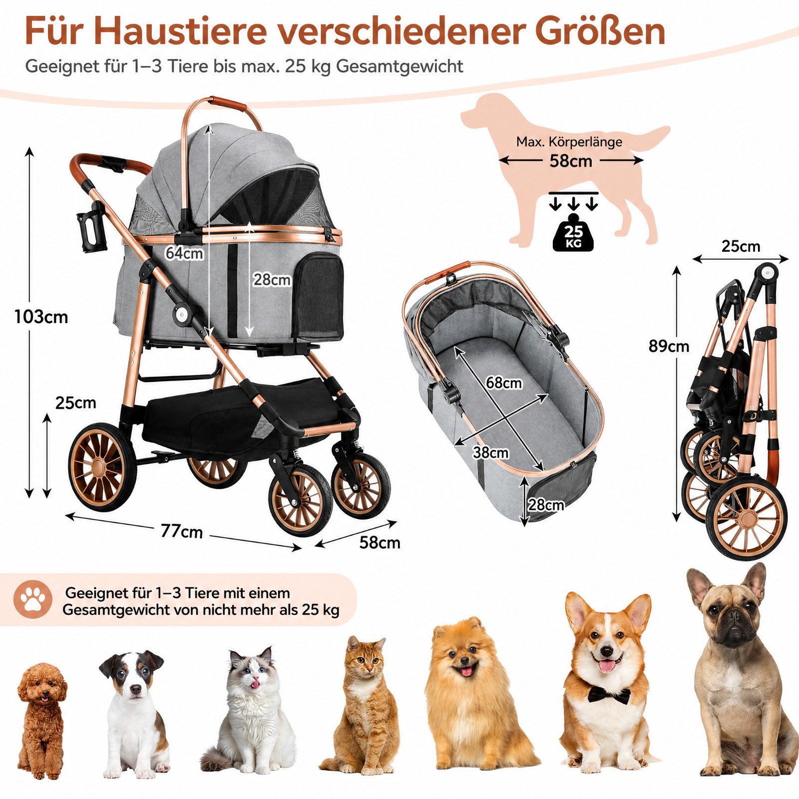 TLGREEN Hundebuggy 4-in-1 Großer Hundewagen, (Faltbar, 360° Gummiräder mit Schwingungsdämpfung), Katzenwagen – Bild 2 von 5