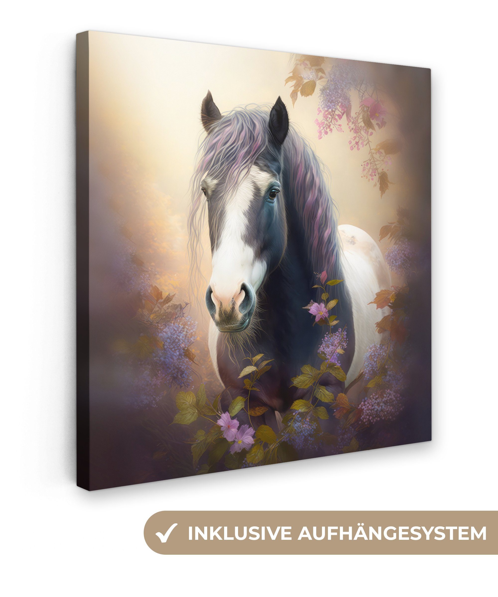 OneMillionCanvasses® Leinwandbild Pferd - Natur - Tiere - Blumen - Lila, (1 St), Leinwand Bilder für Wohnzimmer Schlafzimmer, 20x20 cm