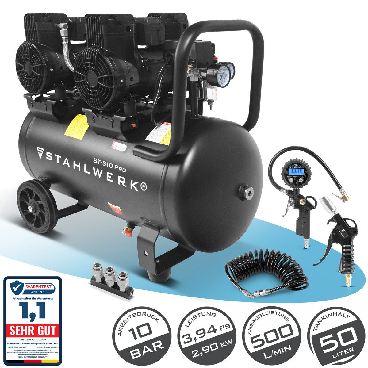 STAHLWERK Kompressor Kompressor ST-510 Pro Vollausstattung – 10 bar, 4,34 PS, 3,2 kW, 2900 W, max. 10 bar, 50 l, Set, 4-tlg., Vollausstattung, Schweißer-Gripzangen inklusive Transportkoffer